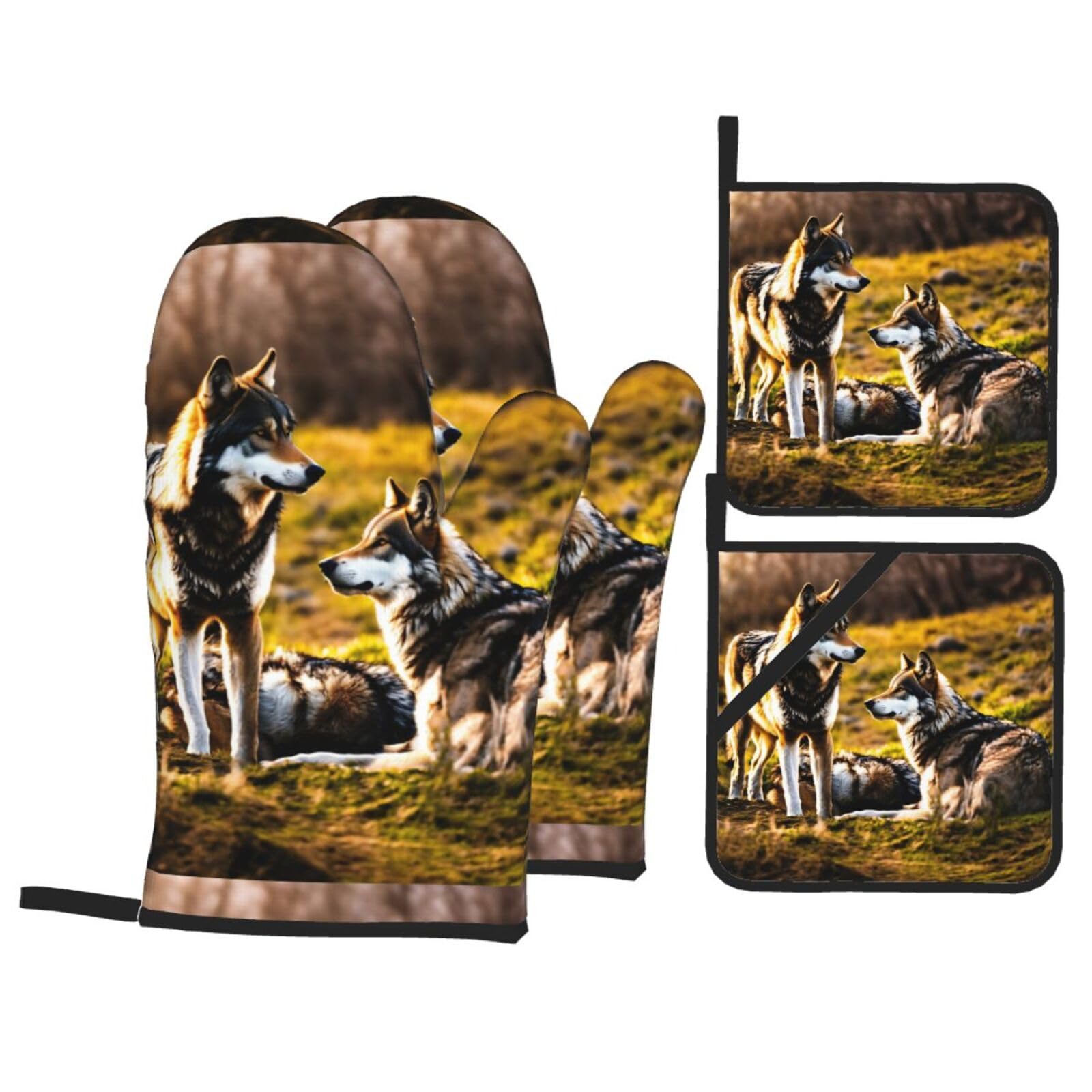Wolfs Print Kitchen Oven Mitts And Pot Holders Set,Hanging Loop Design For Cooking Baking Bbq