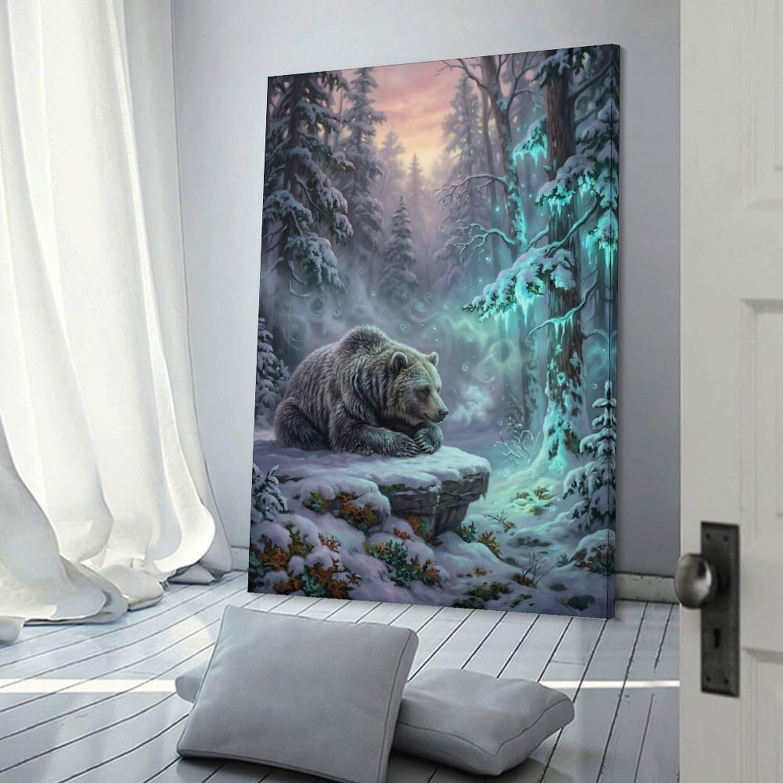 Junmoney Bear in A Snowy Forest Wall Art Print, 12x18inch(30x45cm), for Entryway, Lounge Links Or Small Walls, Decorative Wall Art for Narrow Spaces