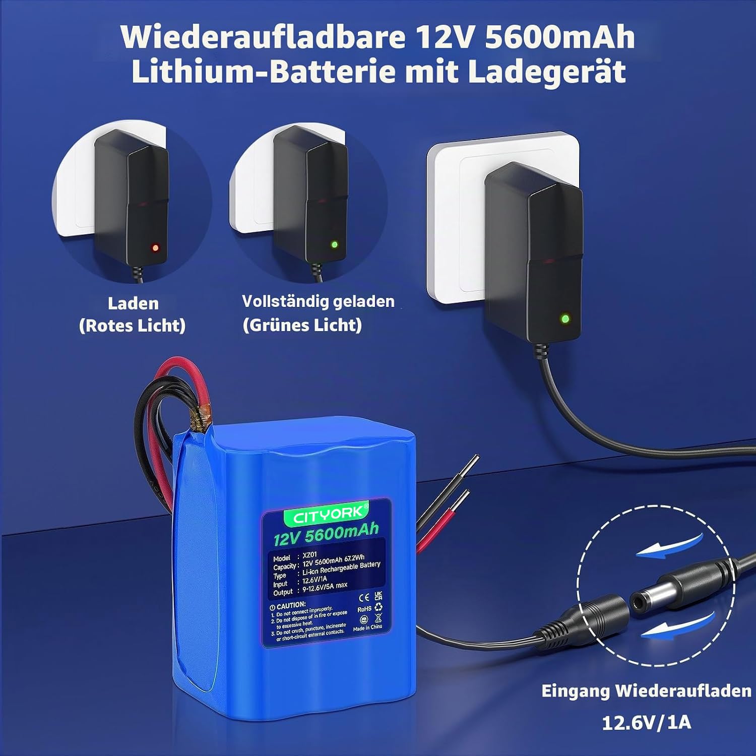 CITYORK 12V 5600mAh Batteria agli ioni di litio ricaricabile per telecamere CCTV, videocamere, lettori MP3, strisce LED e altro ancora