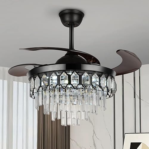 Lámpara de techo de cristal de 42 pulgadas con control remoto, modernos ventiladores de techo retráctiles invisibles con luces, cambio de 3 colores,