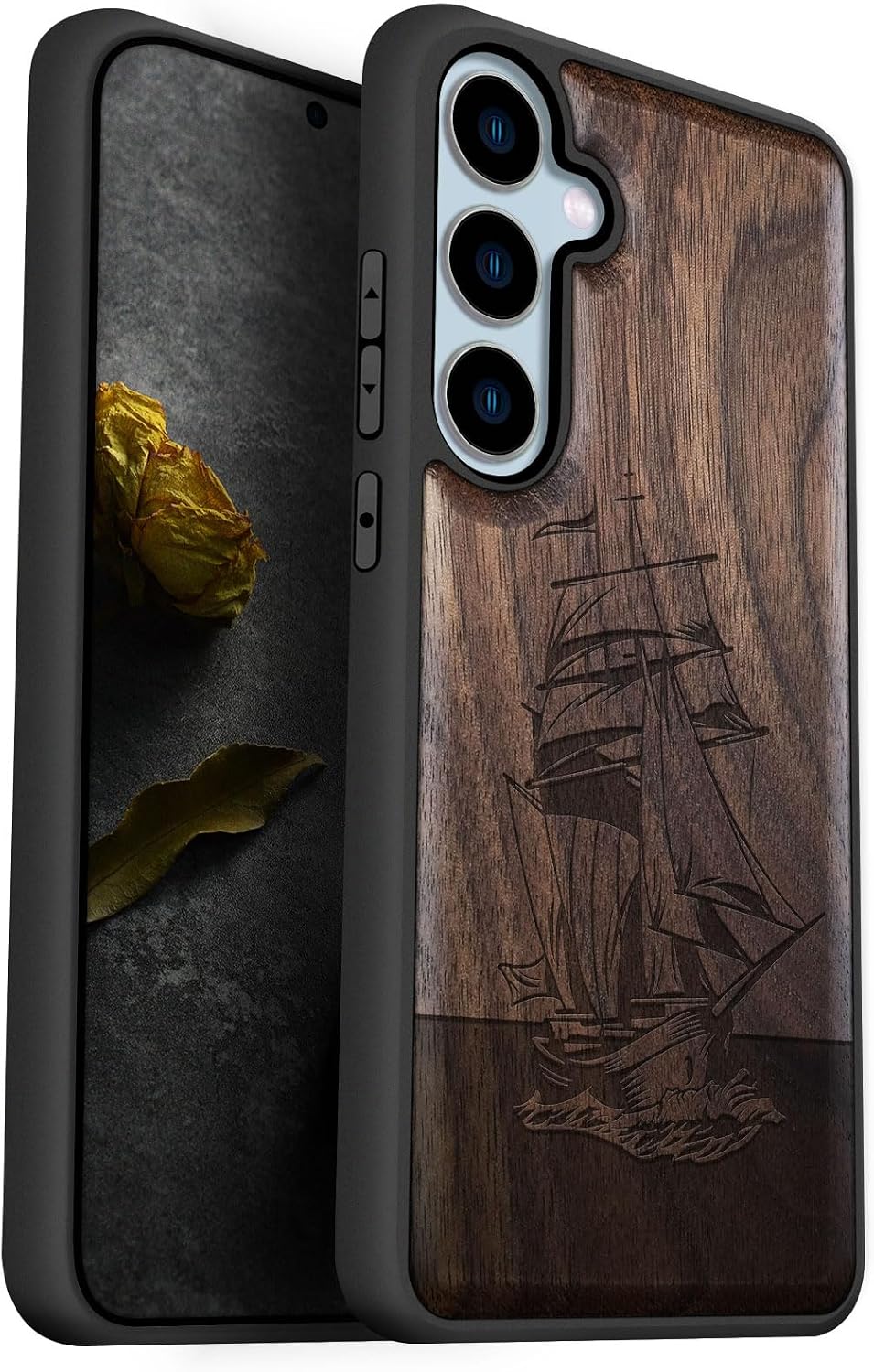 Carveit Wood Case for Galaxy S24 FE Case [Natural Wood & Black Soft TPU] Shockproof Protective Cover Unique Wooden Design Compatible with S24 FE (Sailing Spirit-Blackwood)