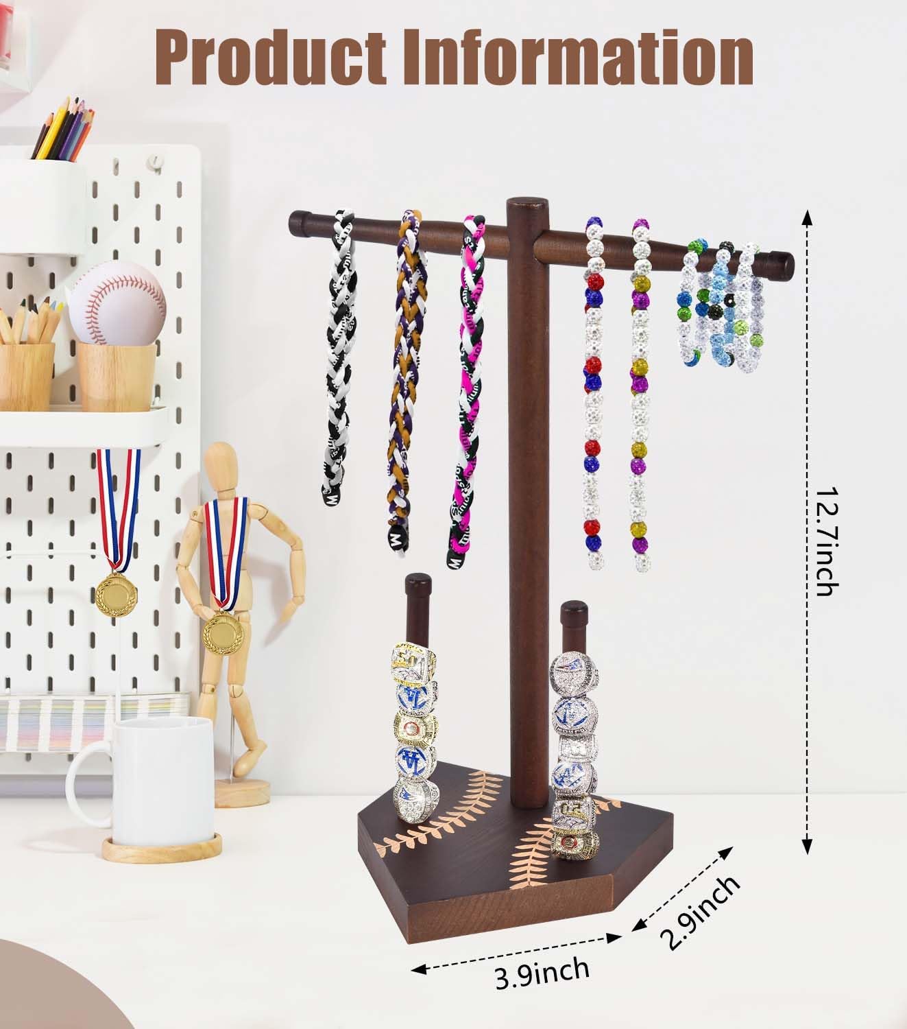 [NEW UPDATE] Wooden Jewelry Towers Baseball or Softball Drip Necklace Organizer Holder, Championship Ring Display Holder, Baseball or Softball Ring Display Holder Display Gift - Image 2