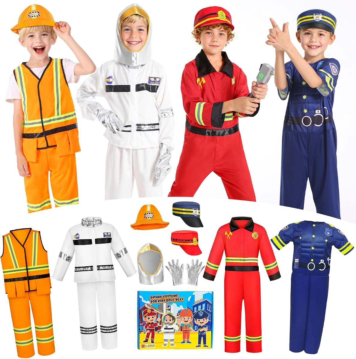 DISHIO Kids Pretend Role Play Costumes, Dress Up Clothes for Toddlers | 4 Sets Astronaut, Policeman, Firefighter, Engineer Costume for Kids and Toddlers Boys Christmas Birthday Age 3 to 6