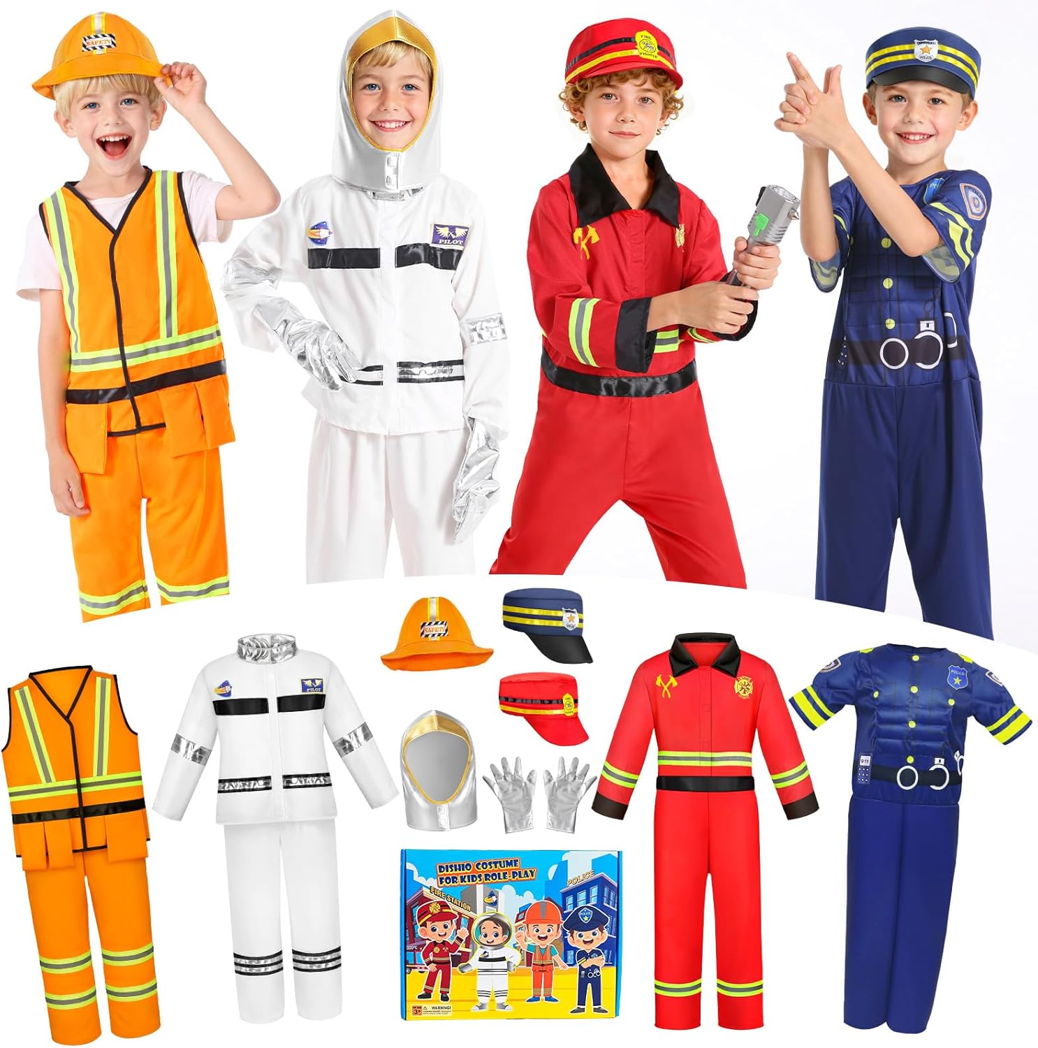DISHIO Kids Pretend Role Play Costumes, Dress Up Clothes for Toddlers, 4 Sets Astronaut, Policeman, Firefighter, Engineer Costume for Kids and Toddlers Boys Christmas Birthday Age 3 to 6