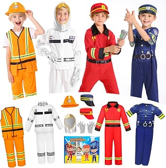 DISHIO Kids Pretend Role Play Costumes, Dress Up Clothes for Toddlers, 4 Sets Astronaut, Policeman, Firefighter, Engineer Costume for Kids and Toddlers Boys Christmas Birthday Age 3 to 6