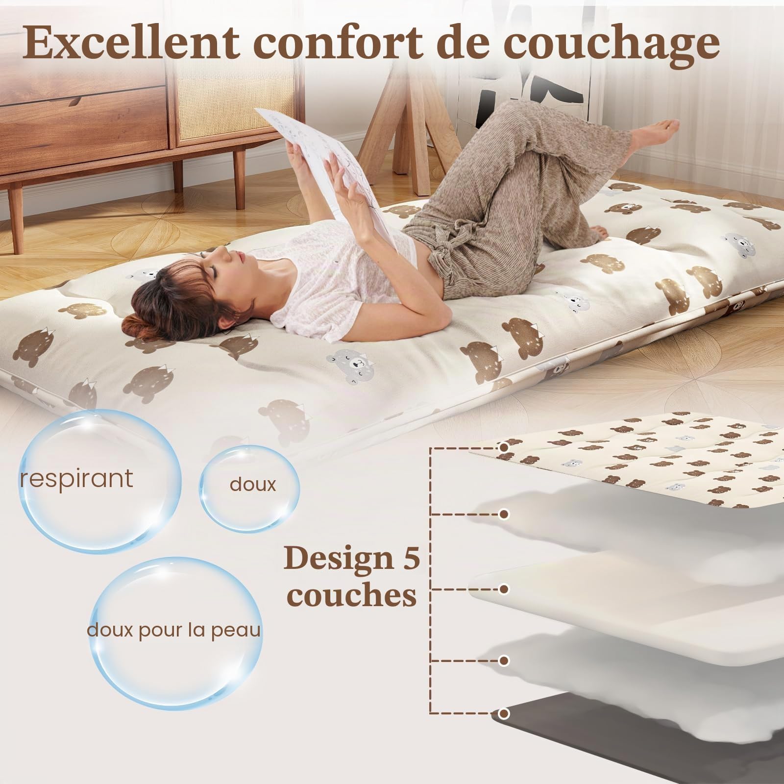 FANTASK Matelas Tatami avec Housse Lavable - Futon Japonais - Pliable - avec Sac de Transport - 90 x 200 cm - Ours Marron