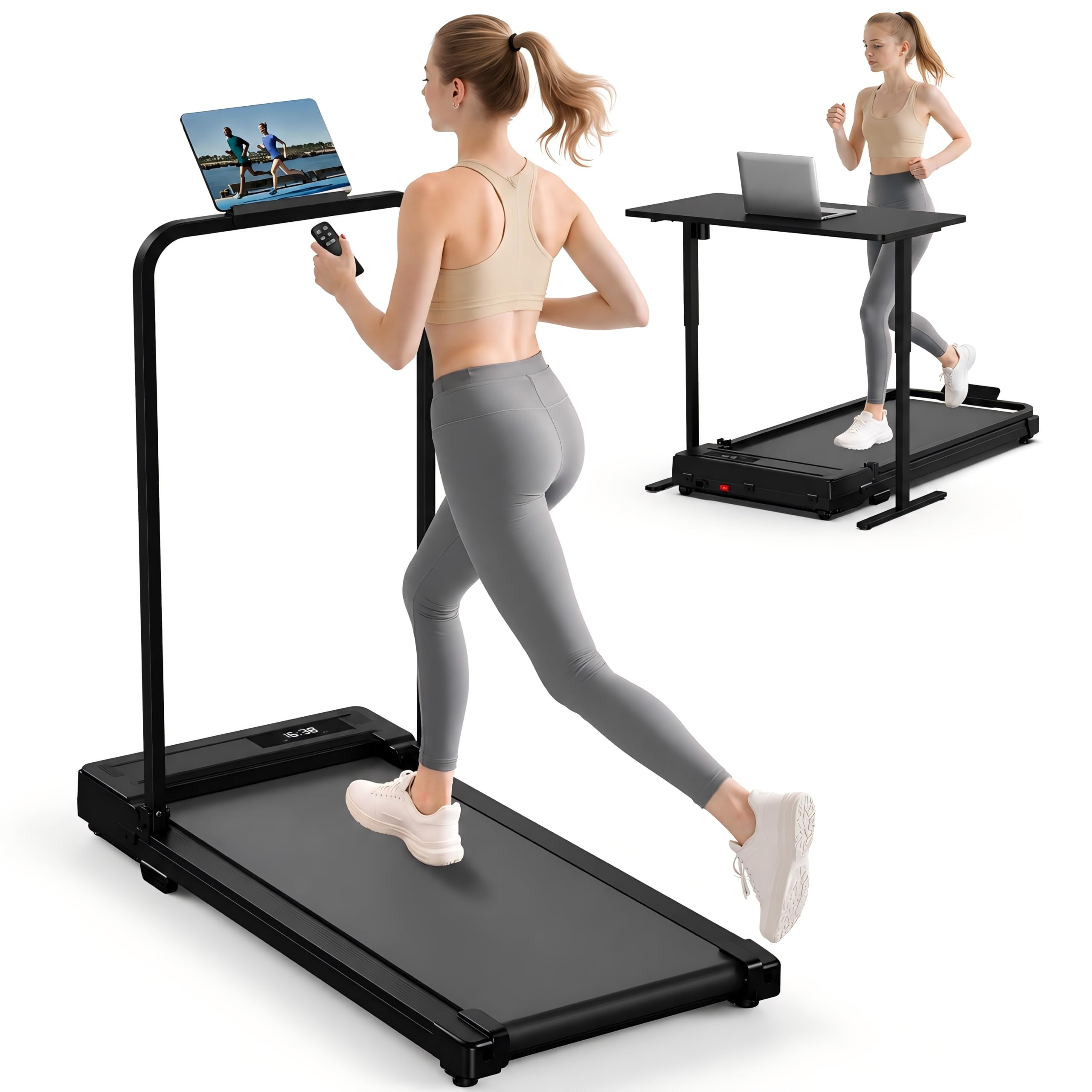 Walking Pad Treadmill for Home - Folding Treadmills with Handle Bar Portable Compact Fold up Indoor Foldable Handles Electric Walk Pads Small Spaces Mini Running Quiet Under Bed Office