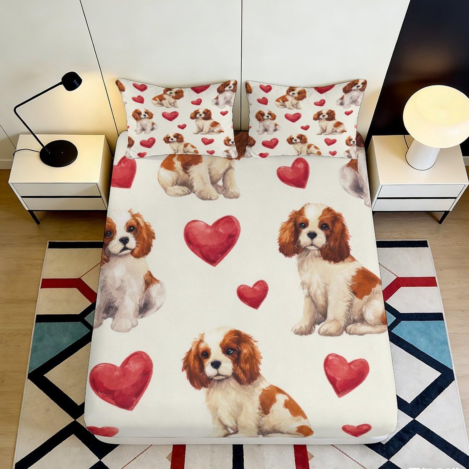 3D Printed Cavalier King Charles Spaniel Fitted Sheet Microfiber Cute Dog Heart Mattress Cover for Bedroom Guest Room Decor 90x200x25cm