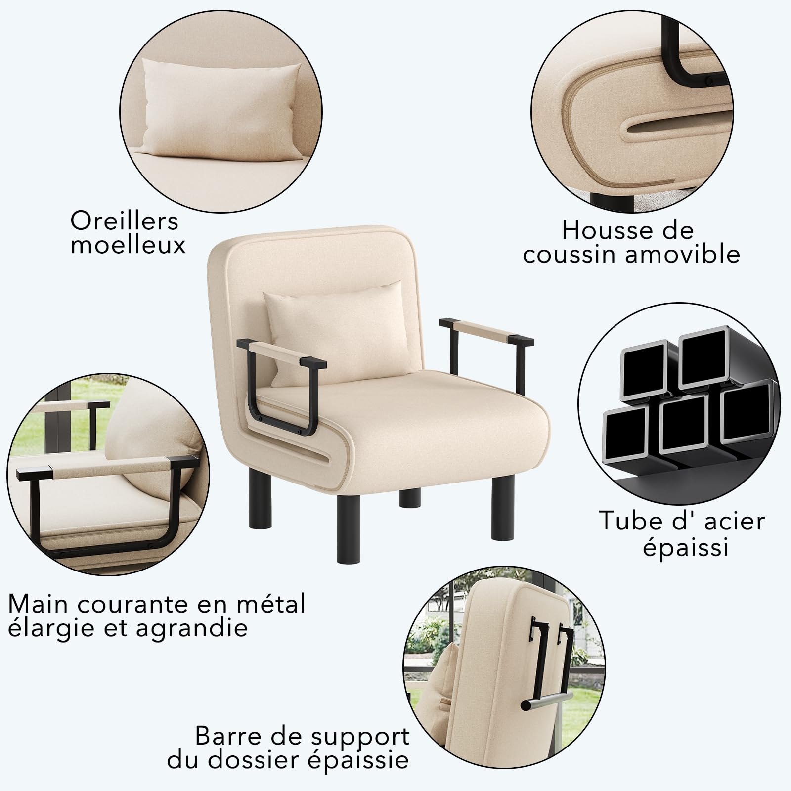 Chauffeuse Canapé-Lit 4-en-1, Chauffeuse 1 Place, Fauteuil Lit Convertible, Lit d'Appoint Chaise Longue avec Dossier Réglable en 6 Positions et Coussin pour Salon Chambre Bureau, Beige