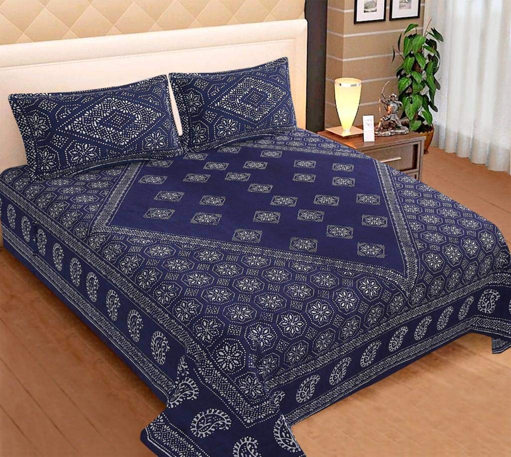 KUSH ENTERPRISES 330 Thread Count 100% Cotton Printed Double Bedsheet with 2 Pillow Covers for Bedroom Home & Hotels - Multicolor (230x275cm, Blue)