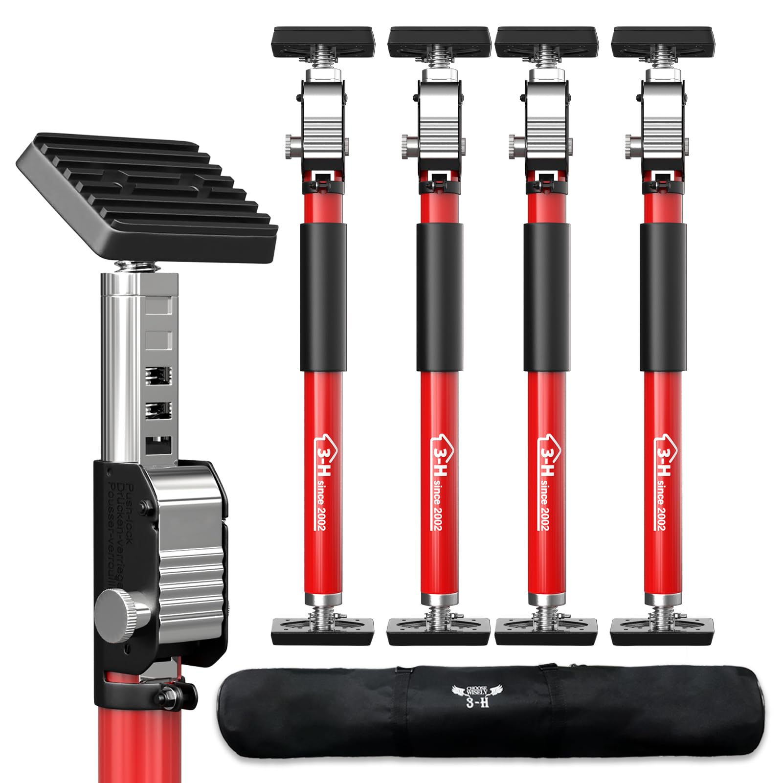 3-H 4X Türspanner Zargenspanner, Teleskopstütze 40-62cm bis 50kg (Rot) | Einhand-Klemmstütze für Schrankmontage, Stufenlos höhenverstellbare Montagestütze, Stahl-Abstützstange Teleskopstange