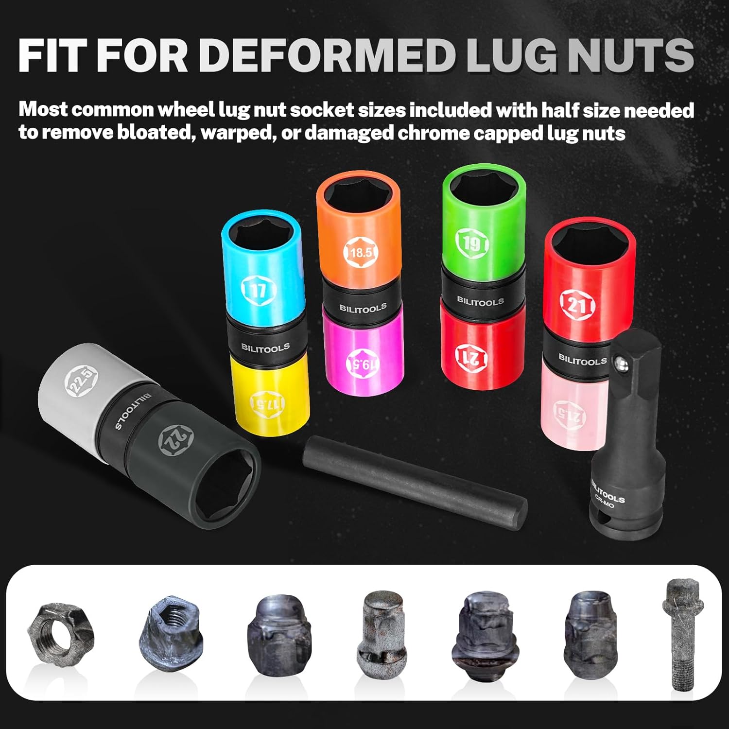 BILITOOLS Half Sizes Lug Nut Socket Set, 1/2" Thin Wall Impact Flip Sockets for Wheel lug Nuts with Non-Marring Sleeves, 17/17.5, 18.5/19.5, 19/21, 21/21.5, 22/22.5mm, Knockout Bar & Extension - Image 4
