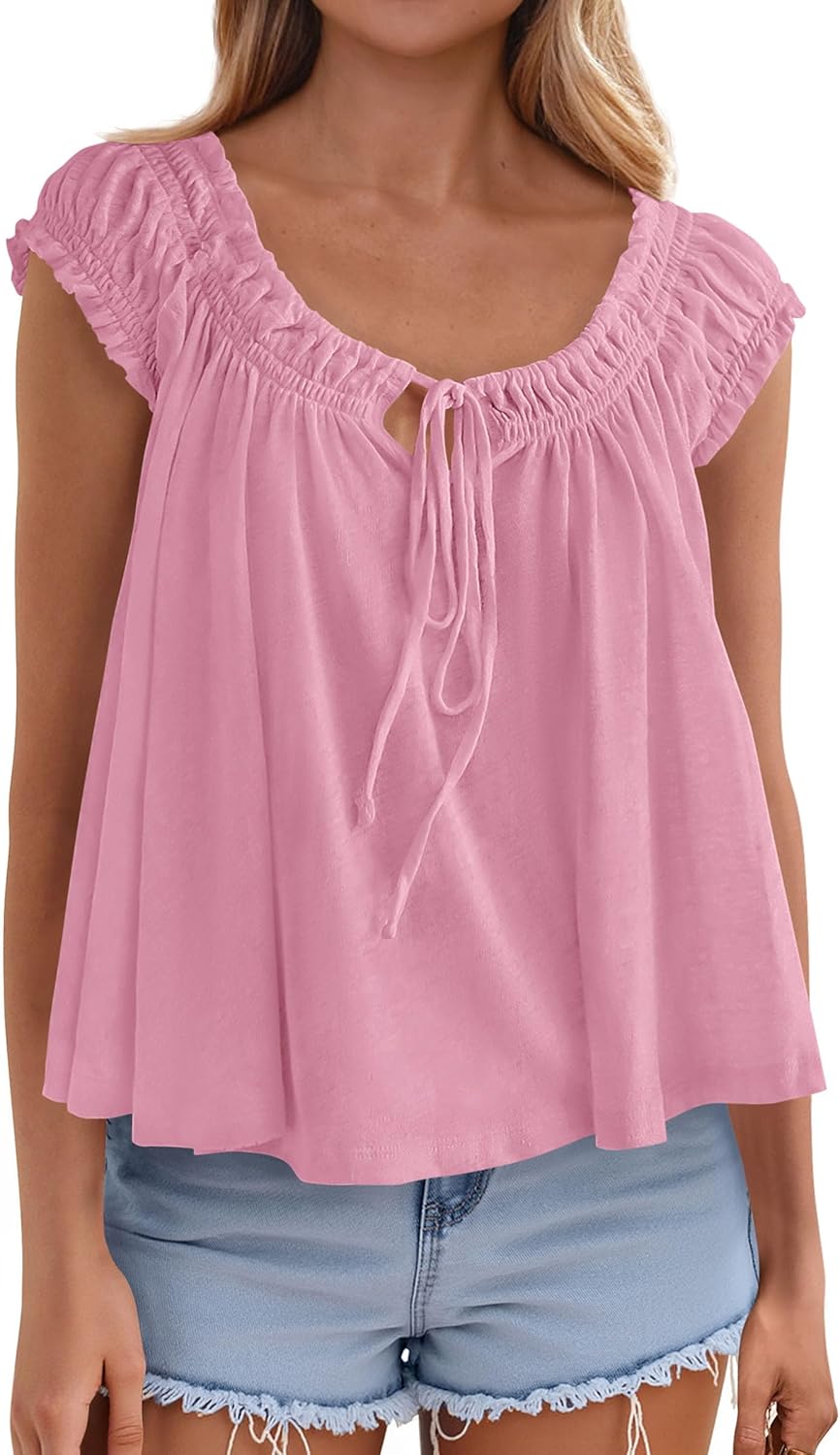 PRETTYGARDEN Women Babydoll Tops 2026 Summer Clothes Cap Sleeve Tie Front Flowy Tank Top Peplum Blouses Cute Going Out Shirts