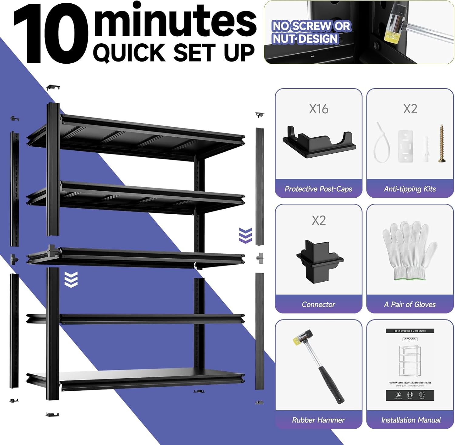5-Tier 40”W X 20”D X 72”H Heavy Duty Garage Storage Shelves 2500LBS Basement Shelving Heavy Duty Adjustable Unit Rack Metal Rack(Black)