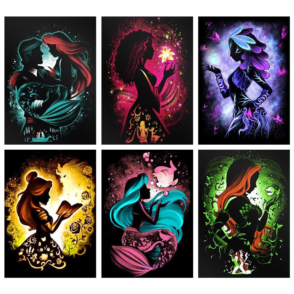 Clendo 6 Pack 5D Diamond Painting Kits,Upgrade Diamond Art Kits for Adults, Princess Full Drill Shiny Diamond Embroidery Pictures Arts Craft for Home Wall Decor Gift 12X16inch