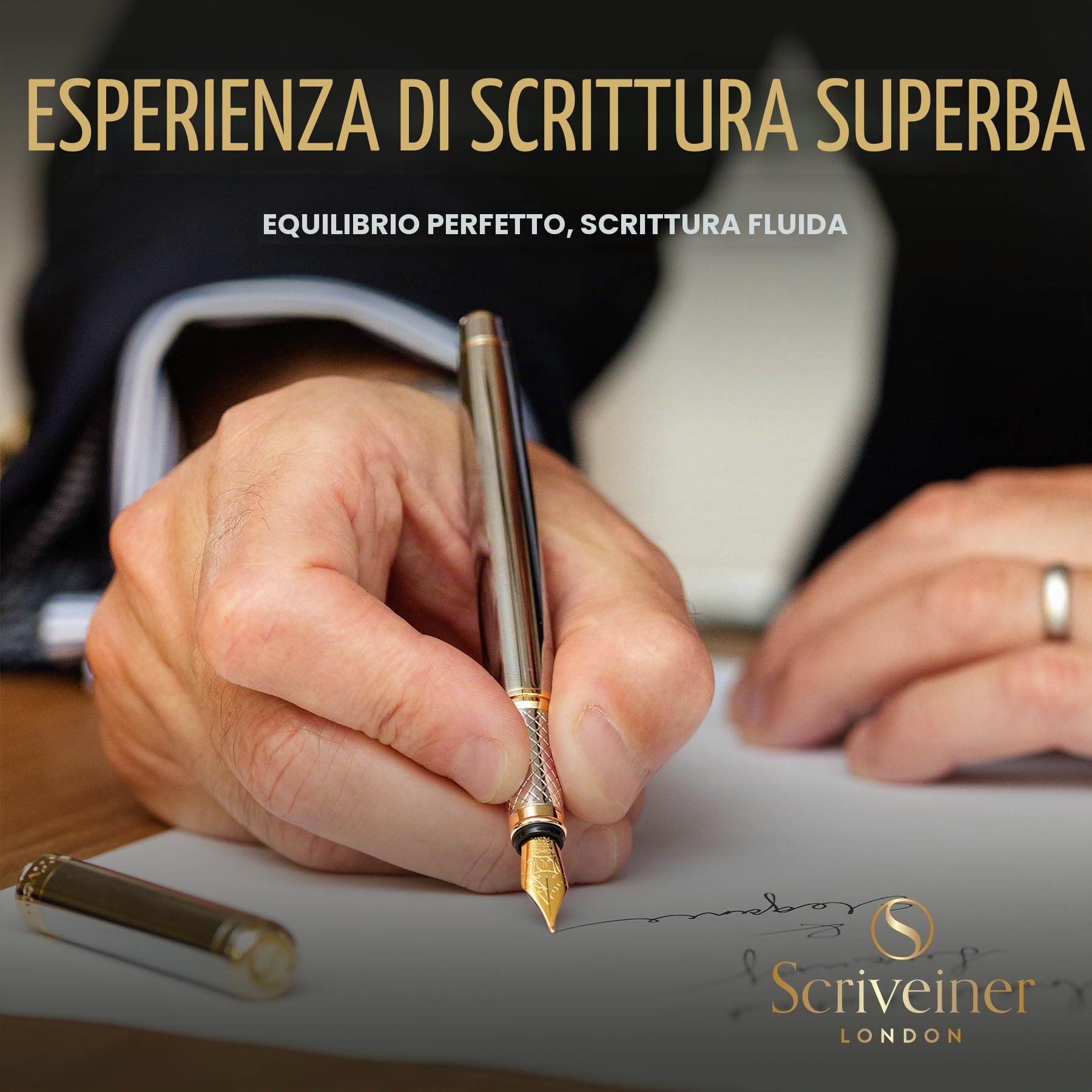 Scriveiner Penna stilografica qualità premium con finitura in Placcato in Vero Oro, Penninoi medio, argento cromato
