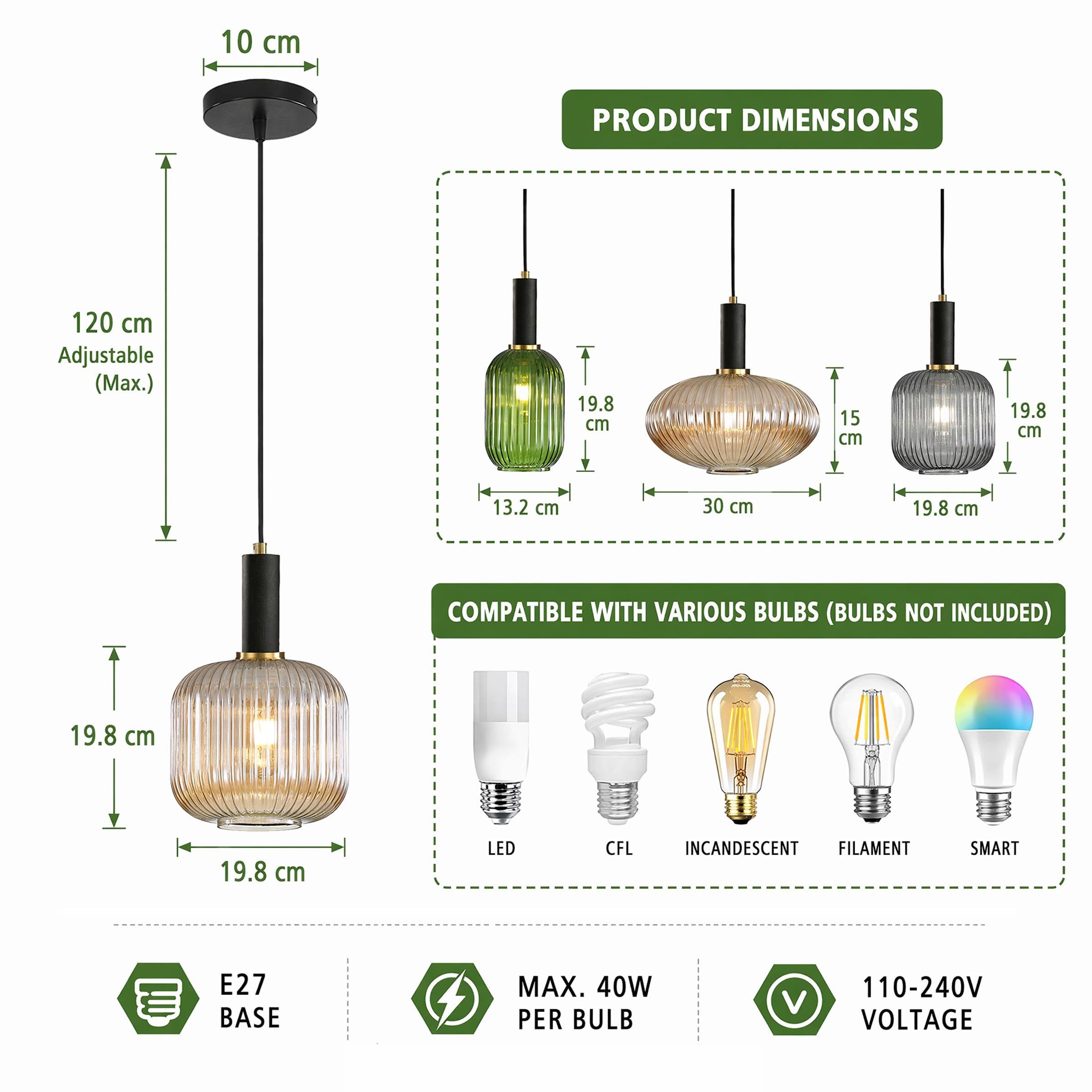 EKSED Lampadario Moderno in Vetro Rigato con Attacco E27, Lampada a Sospensione per Isola Cucina, Sala da Pranzo e Camera da Letto (Ambra, 20cm)