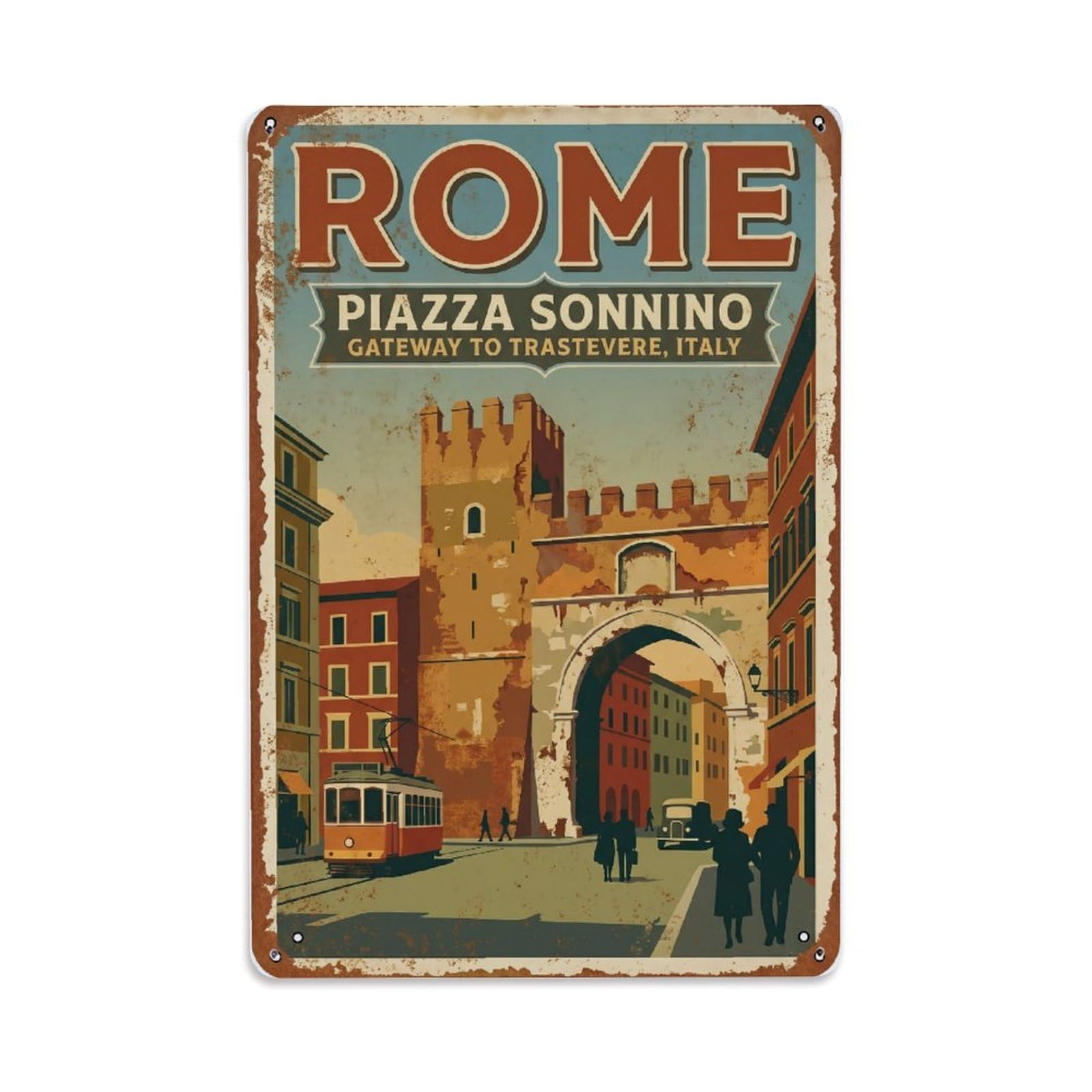Vintage Travel Rome Piazza Sonnino Trastevere Gateway Square Rusted Italy Metal Tin Sign Plaque Wall Decor for Cafe, Club Bar, Office, Home Garden Metal Poster 8x12Inch