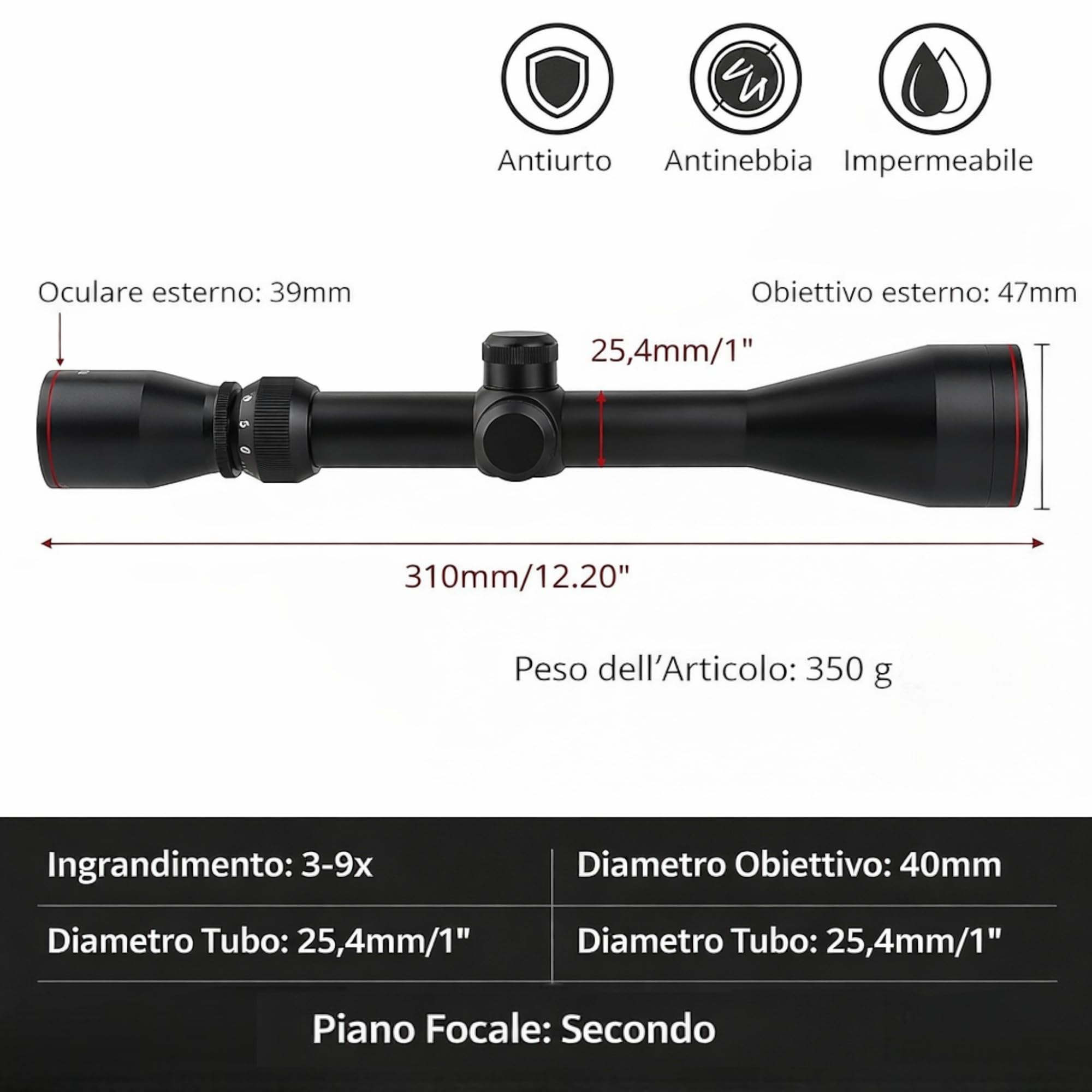 Topolenashop Mirino Ottico di Precisione 3-9x40 per Fucile e Carabina – Zoom Regolabile – Ottica Antiriflesso Antinebbia – Uso Caccia e Tiro Sportivo | MC-1/HD130