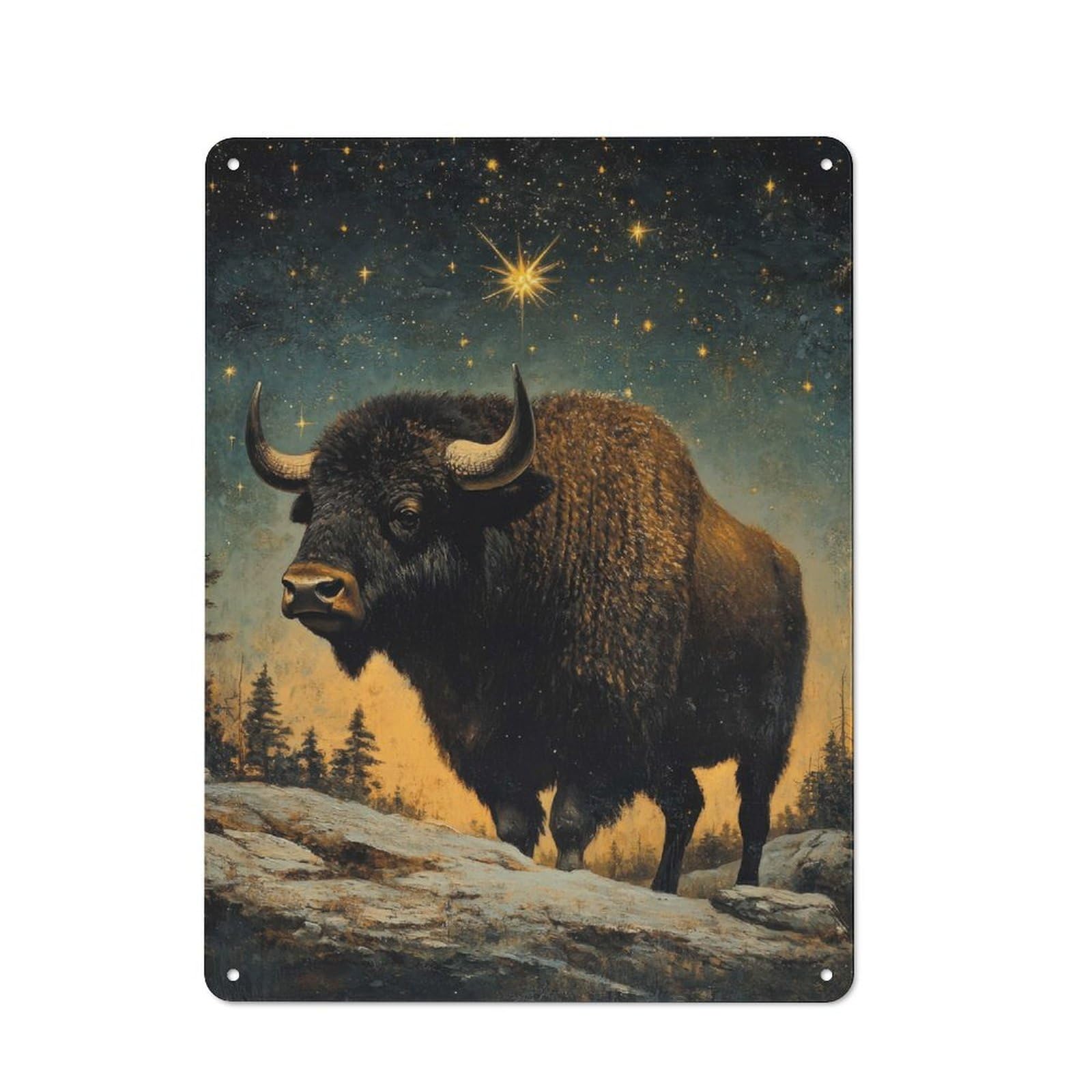 Junmoney Bison Under Starry Sky Vintage Metal Wall Sign 40X30cm For Garage Or Workshop, For Metal Sign Collectors, For Garage And Workshop Walls