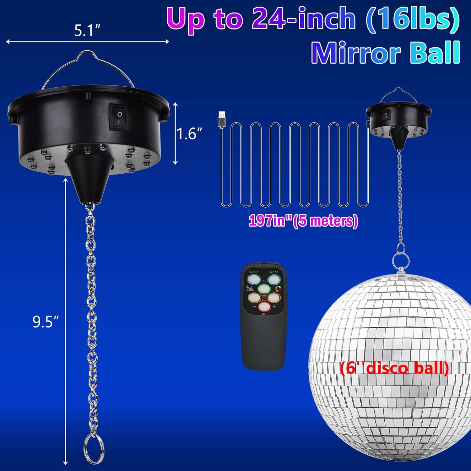 Rotating Disco Ball Motor Light, 6-12RPM Adjustable Speed DiscoBall Spinner 18LEDs for 8~24'' Large Heavy Duty Mirrorball Motor,Wedding Birthday DJ Party Decor Upgrade (6" Disco Ball with Motor 2026)