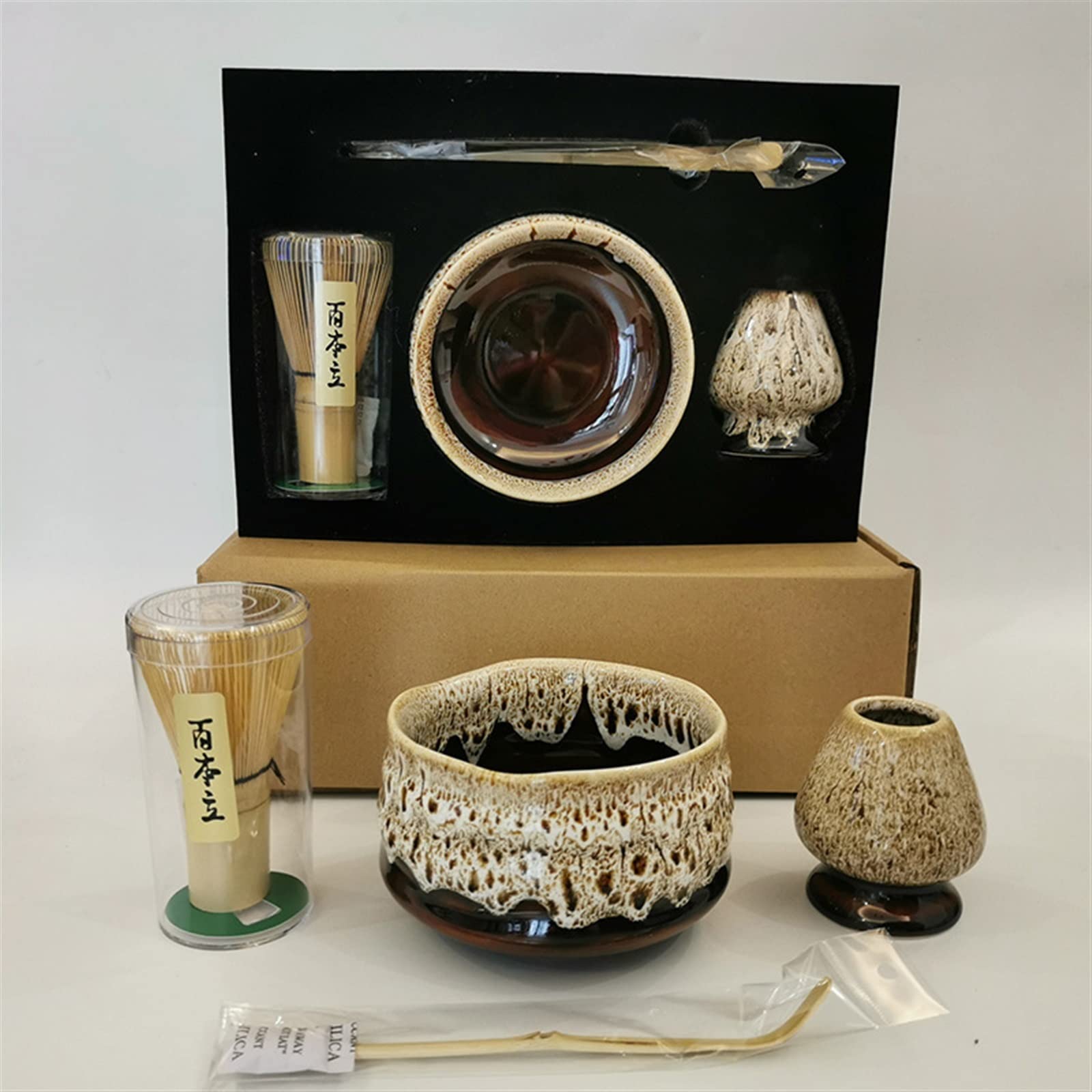 SXYAO Gift Box Matcha Whisk Set 4-Piece Set, Japanese Traditional Matcha Kit Ceramic Matcha Bowl Whisk Stand Bamboo Spoon Elders Gift Tea Parties(White+brown)