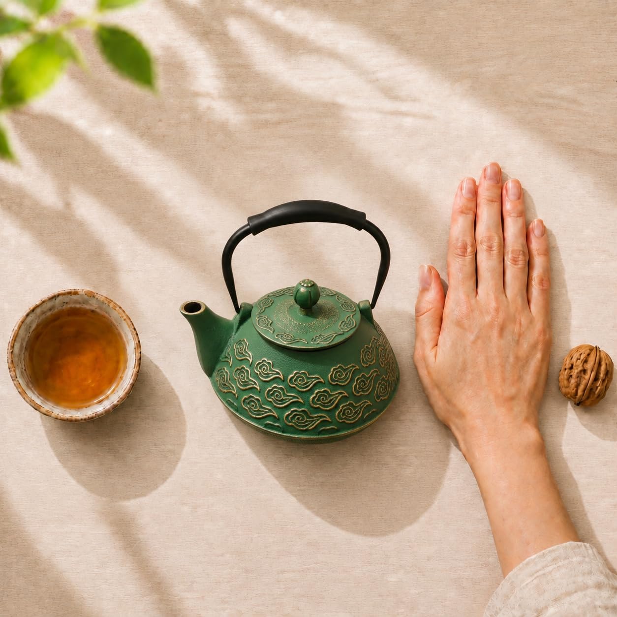 Théière japonaise en fonte avec infuseur pour feuilles en vrac, qui va sur la cuisinière, avec revêtement intérieur émaillé, motif nuages, 800 ml, vert
