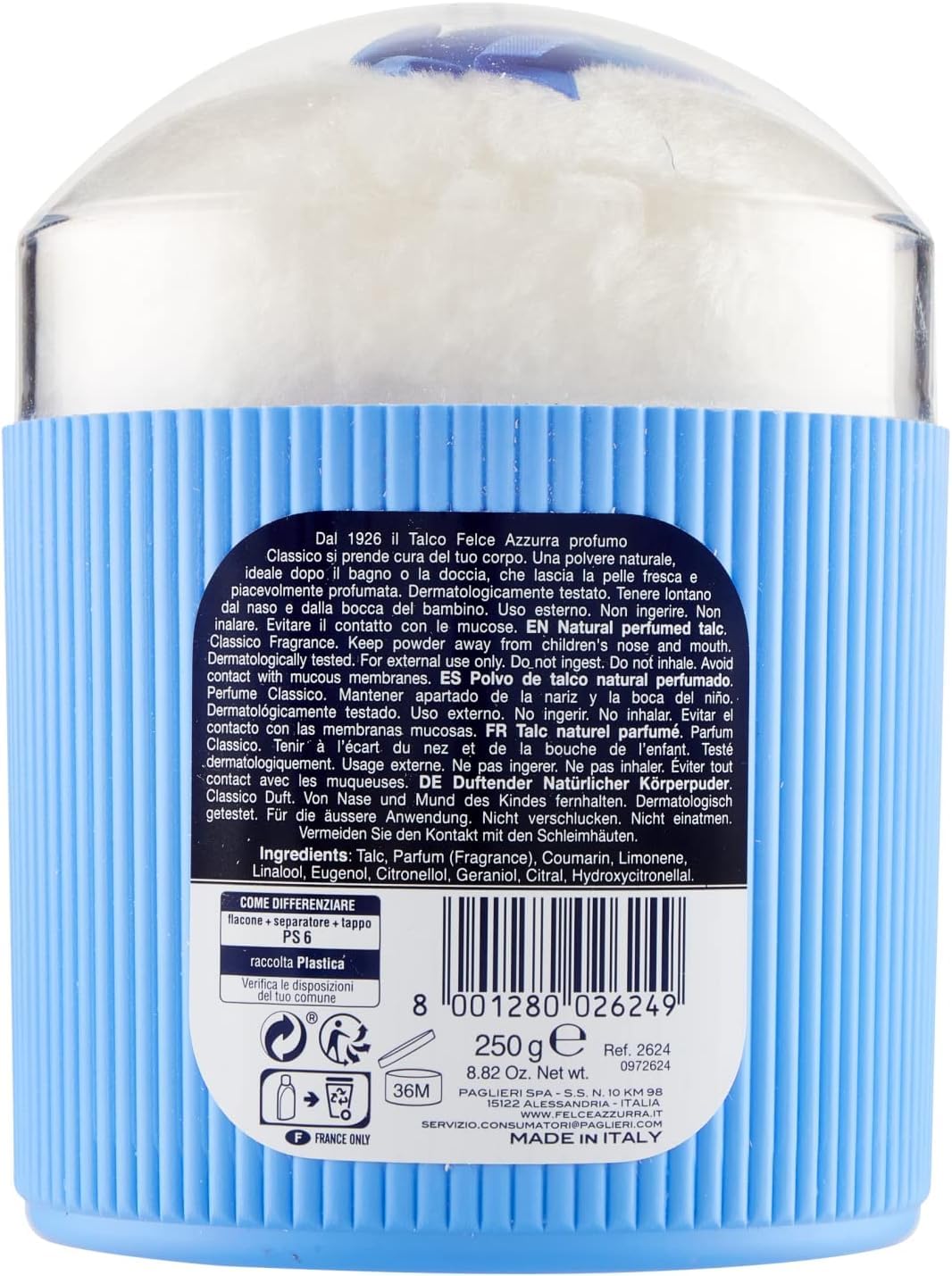 Felce Azzurra Paglieri - Polvo corporal con borla, talco Classico con Piumino, talco clásico con esponja, 12 x 250 g + Polpa italiana Gourmet 400 g