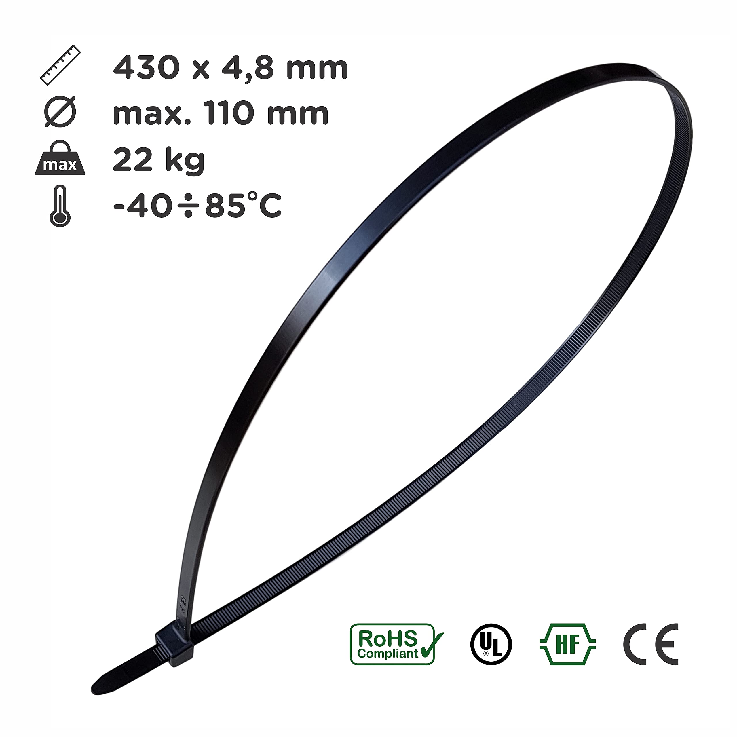 Intervisio Fascette Plastica per Cablaggio Lunghe 430 mm x 4.8 mm, Fermacavo Grandi Nere Elettricista 430Mm Nylon Cavi Stringicavo, Nero, 100 pezzi