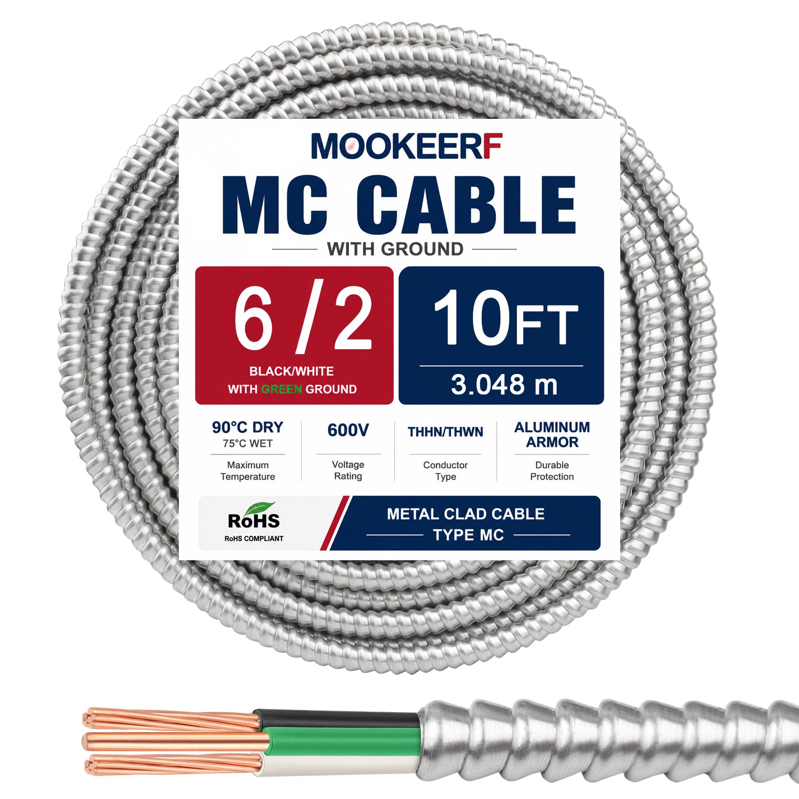 Câble MC 6/2 avec mise à la terre – 3 m en cuivre pur 6AWG/2 avec blindage en aluminium de calibre 6 2 conducteurs de type MC en aluminium