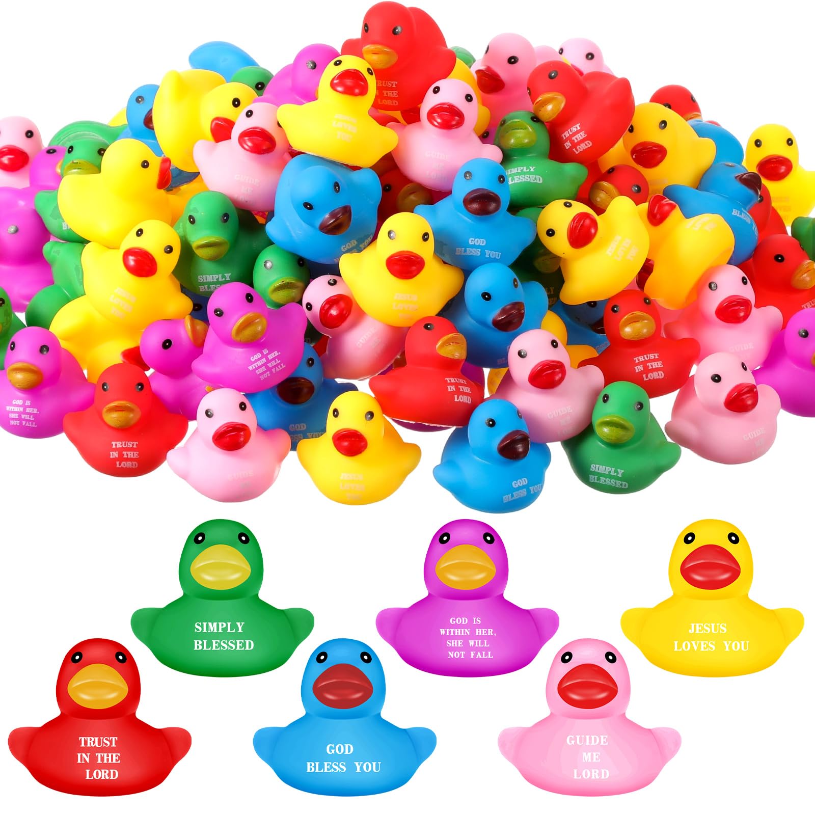 100 Pcs Jesus Rubber Ducks in Bulk 1.38 Inch Religious Rubber Duckies Bible Verse Mini Ducks Easter Mardi Gras Multicolor Bath Toy Jesus Gifts for Church Events Religious(Bible)