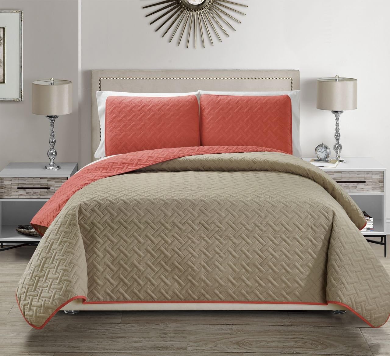 KingLinen Embossed Geometric Reversible Bedspread/Quilt/Coverlet with Sham Set (Coral, King) - Image 2
