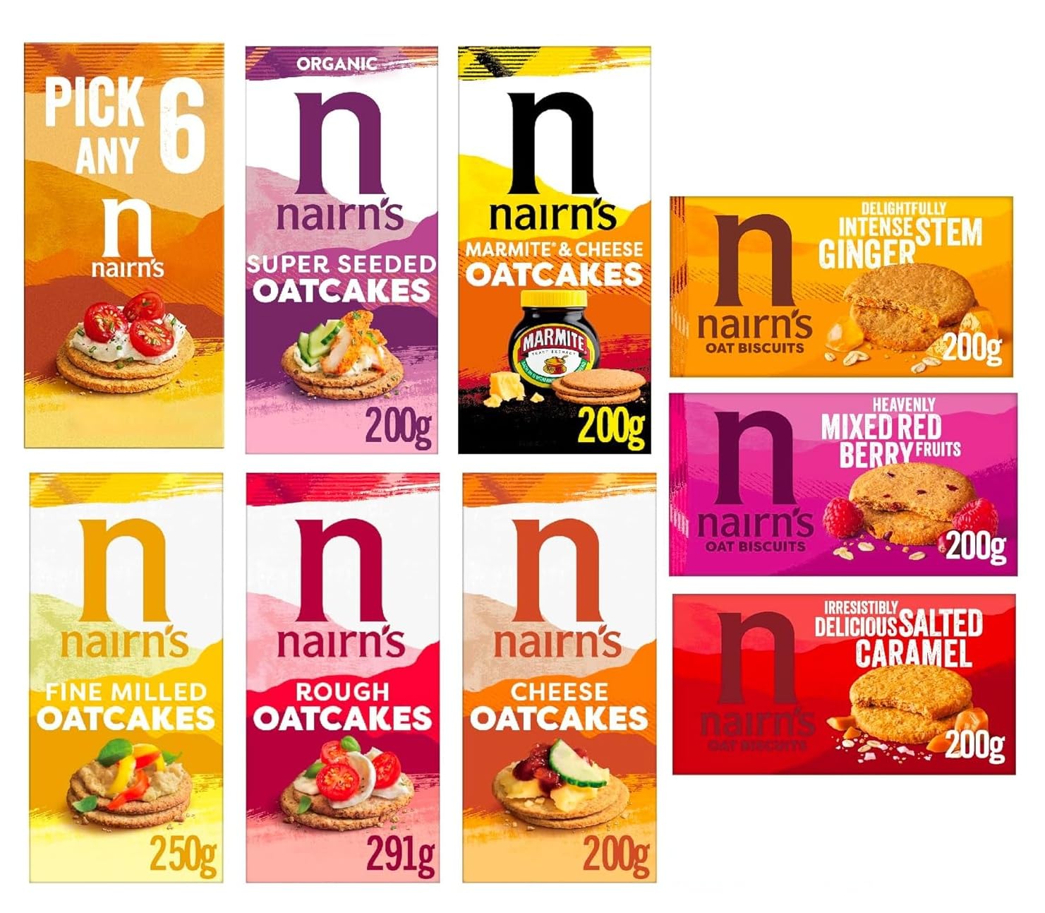 Nairn's Variety Pack - Pick Any 6 - Oat Biscuits and Oatcakes - Healthy Snacks - Assorted Flavours: Fruit & Seed, Stem Ginger, Mixed Berries & More