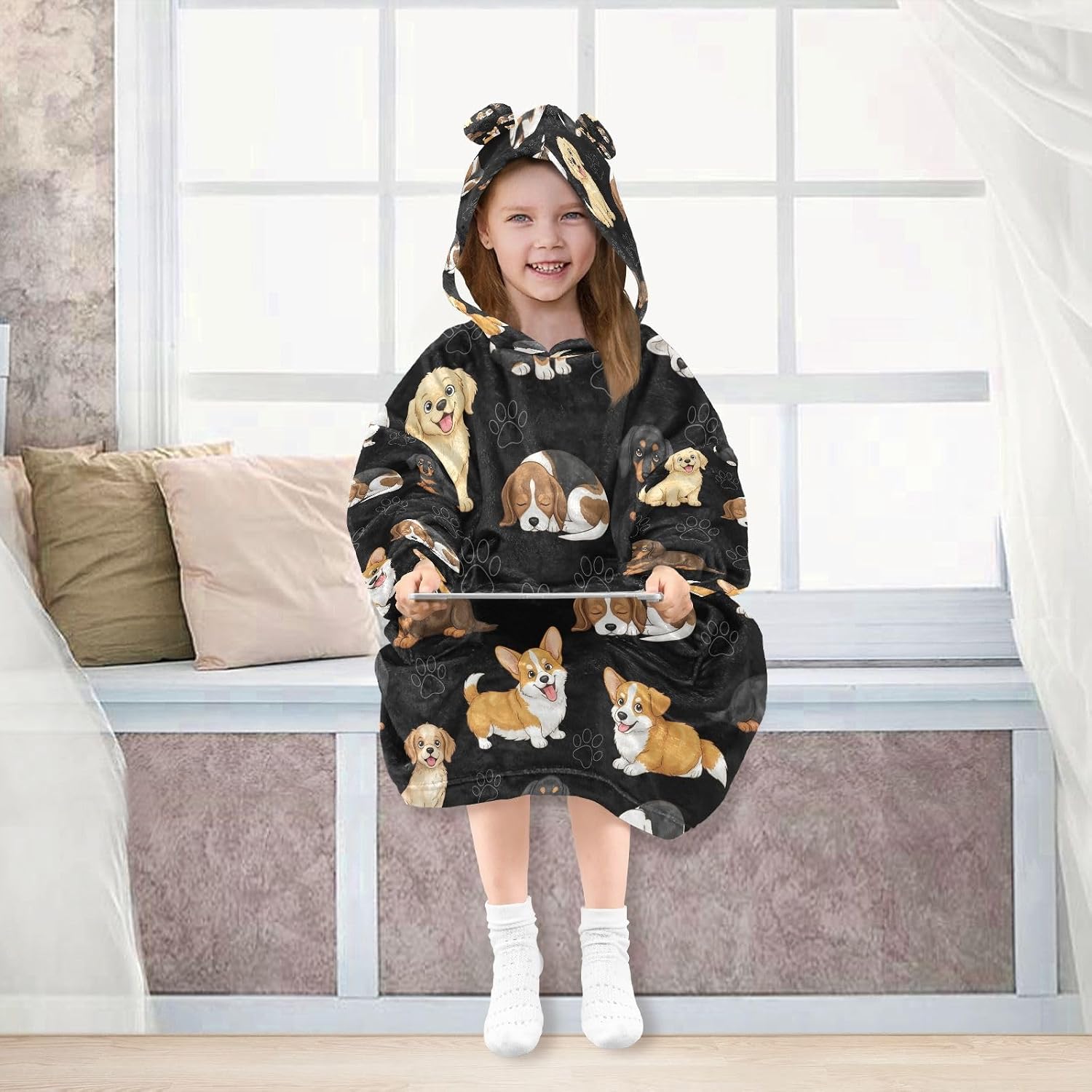 Kigai Cute Dogs Wearable Blanket Hoodie for Kids Oversized Hooded Blanket Warm & Cozy Sweatshirt with Pockets