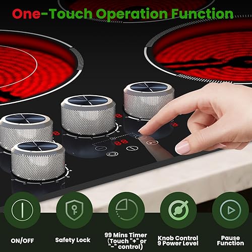 Miniatura 4 de Estufa eléctrica de 30 pulgadas, estufa de 5 quemadores de 8500 W, con perilla antideslizante y control táctil, quemador de doble anilla, bloqueo de