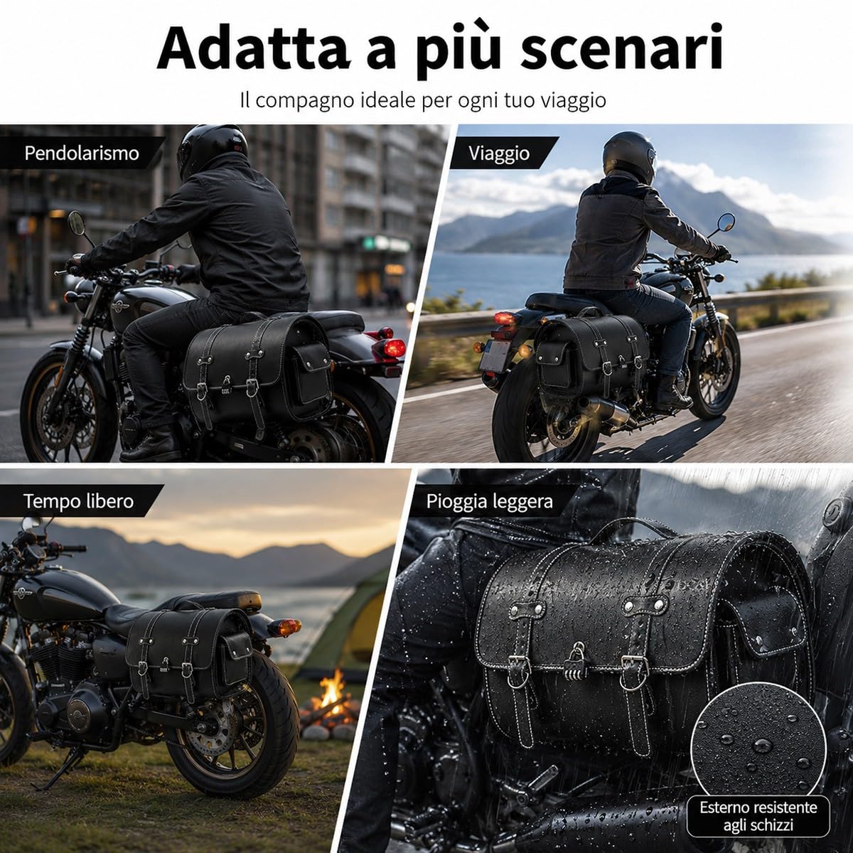 Baule Moto 45 L Nero Per Scooter, Box Posteriore Rigido Effetto Pelle Con Chiusure, Maniglia E Tasca Laterale, Forma Cilindrica, Per Casco, Guanti E Accessori Viaggio E Uso Urbano.
