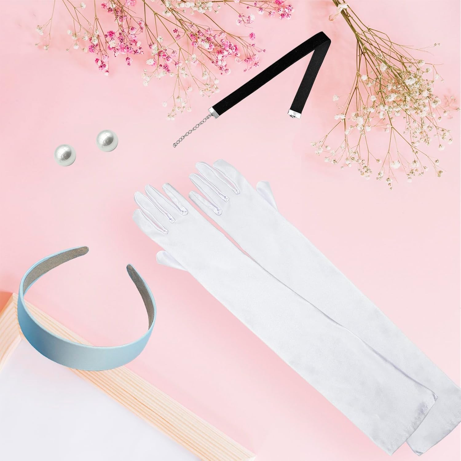 Princess Accessories for Women Blue Headband Black Velvet Choker Pearl Earrings White Gloves Halloween Costume Birthday Party - Image 6