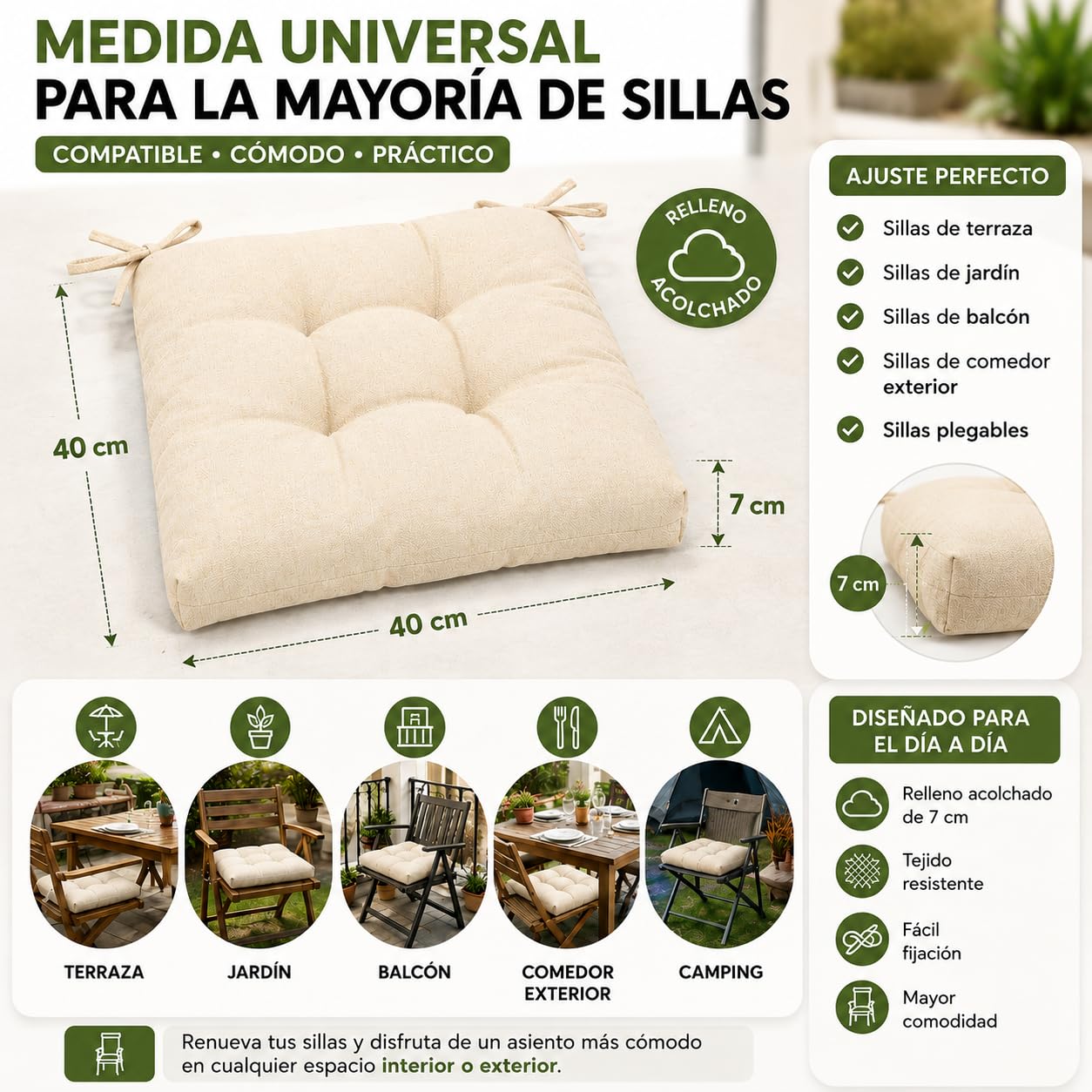 TIENDA EURASIA – Pack Cojines Sillas | Material Tela (Poliéster) | Material de Relleno 100% Poliéster | Tamaño 40x40x7 cm | 2 Cordones de Sujeción | Cojines Exterior Jardín (Beige, Pack 4)