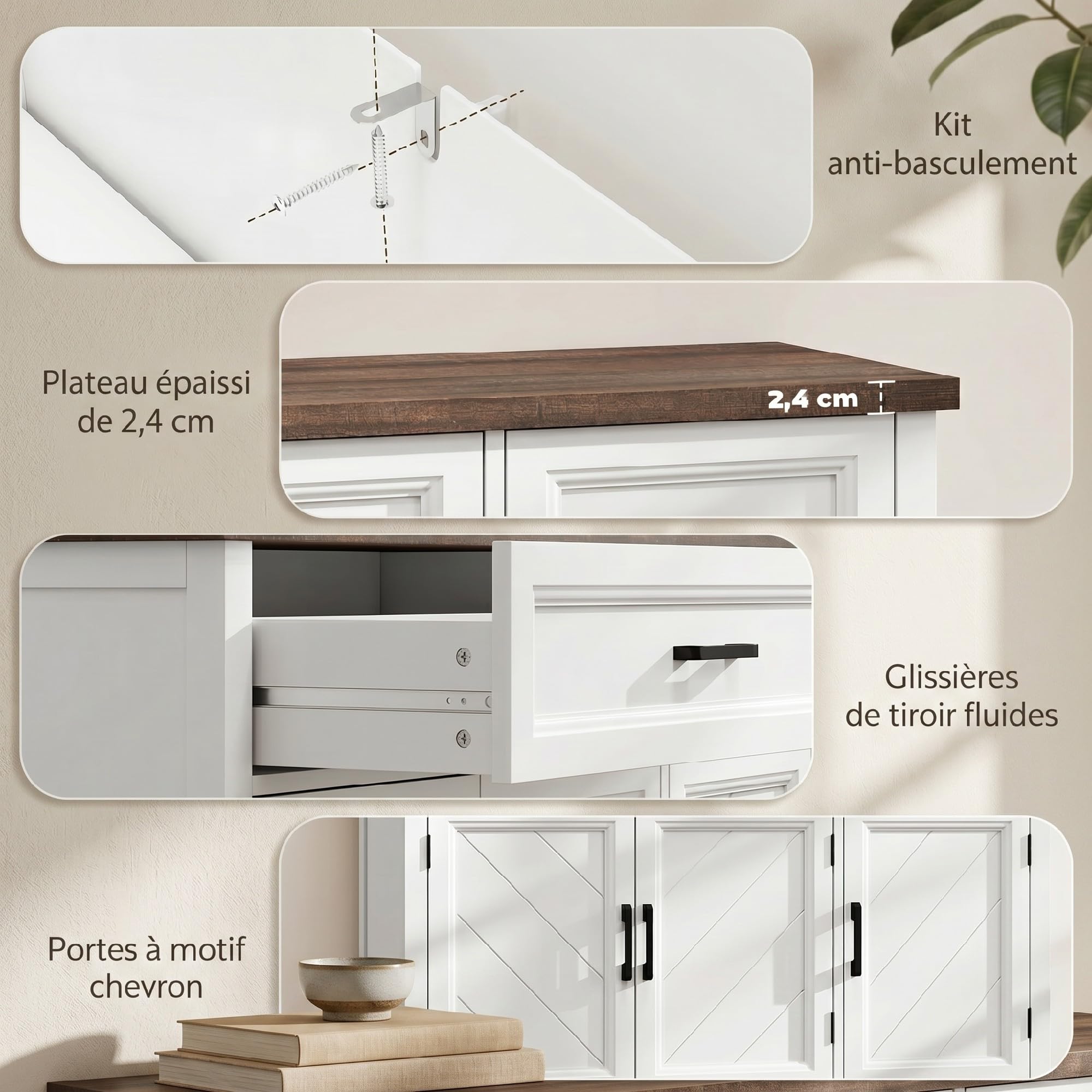 HOMCOM - Aparador para salón (2 cajones, 2 estantes ajustables, 110 x 35 x 80,5 cm), color blanco | Mueble de almacenamiento, 3 puertas de Chevron, estilo rústico, aparador comedor, cocina