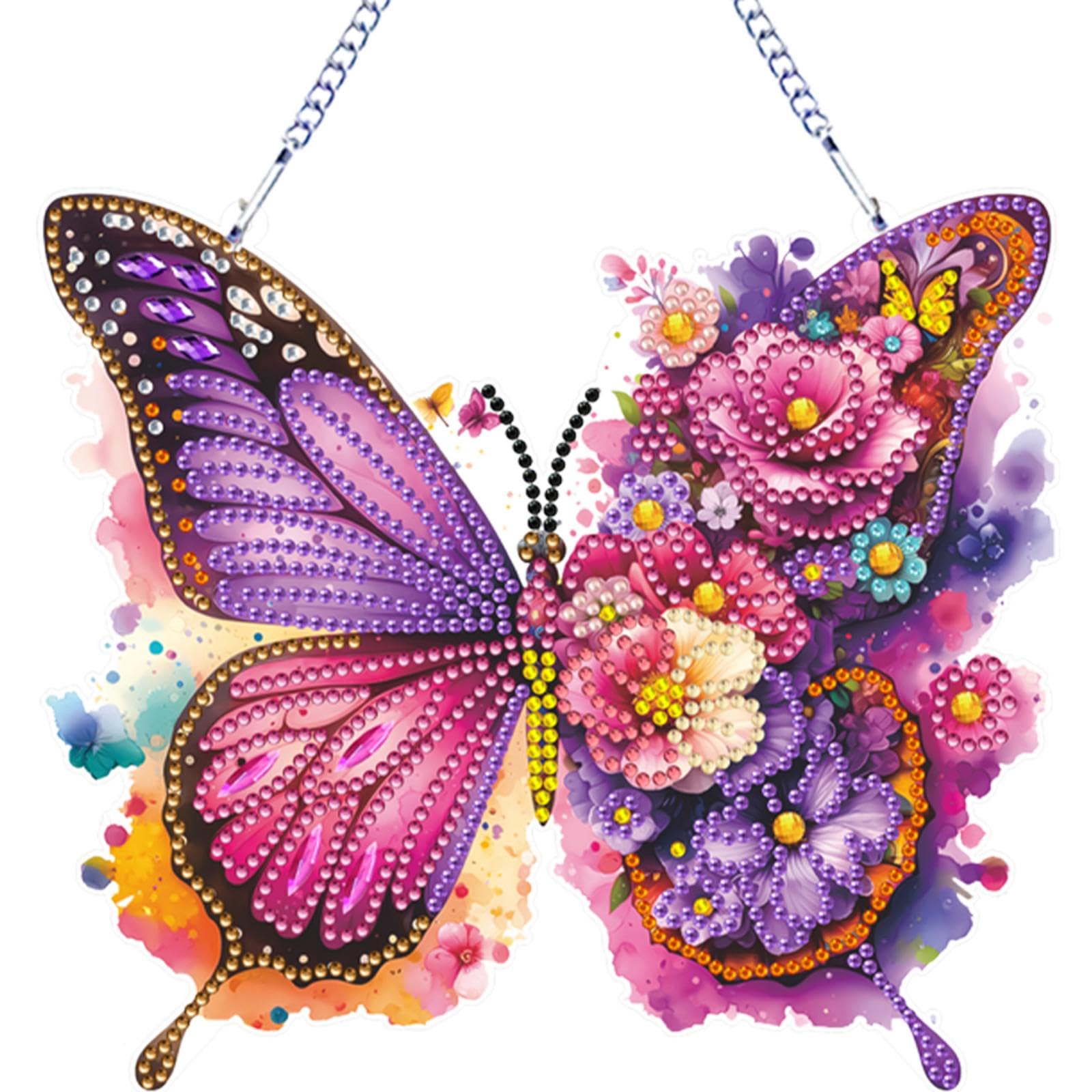 Diamond Art Suncatcher Kits for Adults,DIY Hanging Diamond Art Wind Chimes for Windows,Gem Art for Adults Window Hanging Kit for Home Garden Decoration(Pink Butterfly)