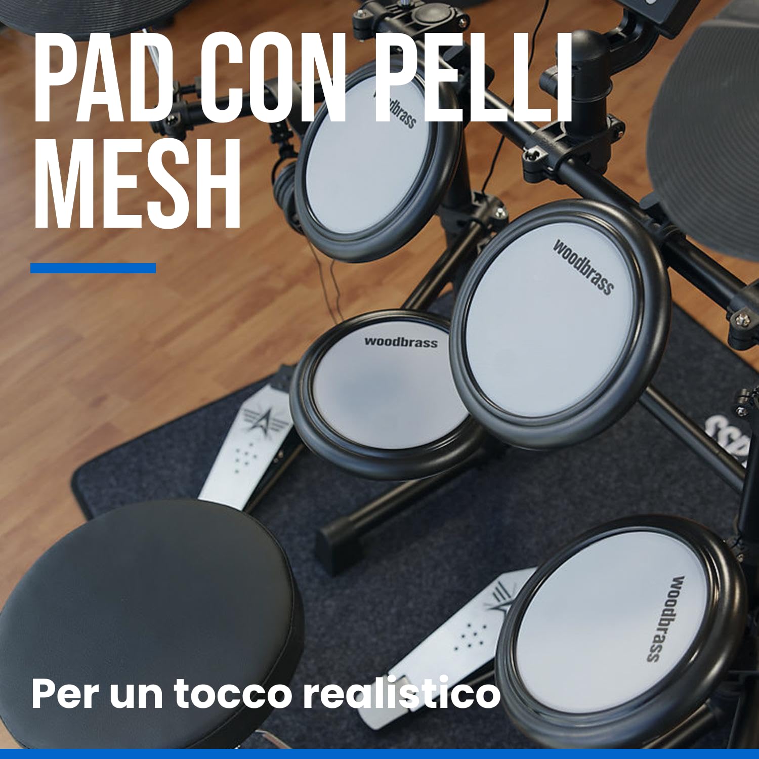 Woodbrass DDX10-MESH Batteria elettronica - Kit completo ideale per principianti bambini e adulti, Pronta all'uso, Accessori inclusi - Pads con pelli mesh realistiche, naturali, silenziose