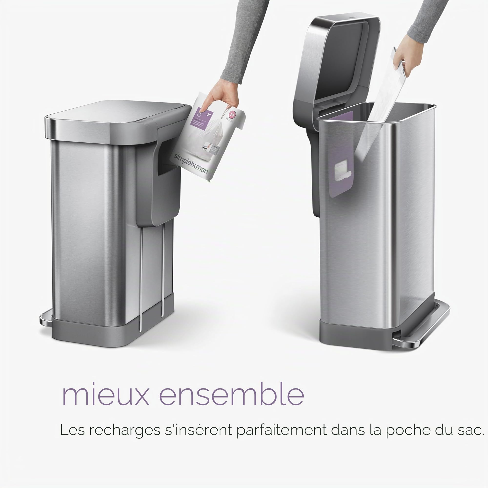 Simplehuman CW2025 poubelle de recyclage rectangulaire acier inoxydable brossé 58 litres 2 bacs