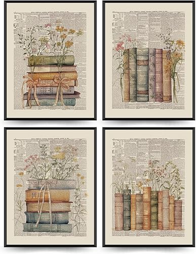 PLKMN Decoración de pared floral vintage, regalos de club de libros de biblioteca rústica retro, decoraciones de fiesta temática de libros, 4