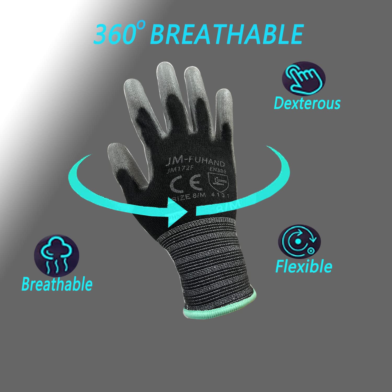 Guantes de trabajo de seguridad con revestimiento de poliuretano ultrafino (PU), 12 pares, para trabajo de precisión, para hombres y mujeres, ideales para trabajo ligero (grande, negro)