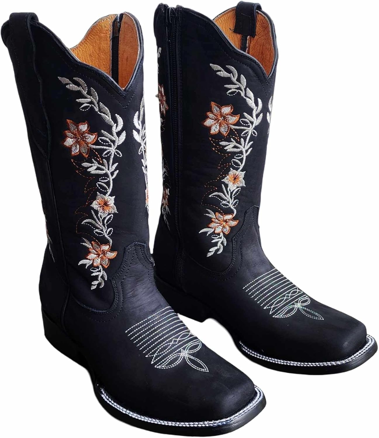 Dona Michi WOMENS COWGIRL Square toe leather Flower embroidered Design with zipper Botas para Mujer con Zierre
