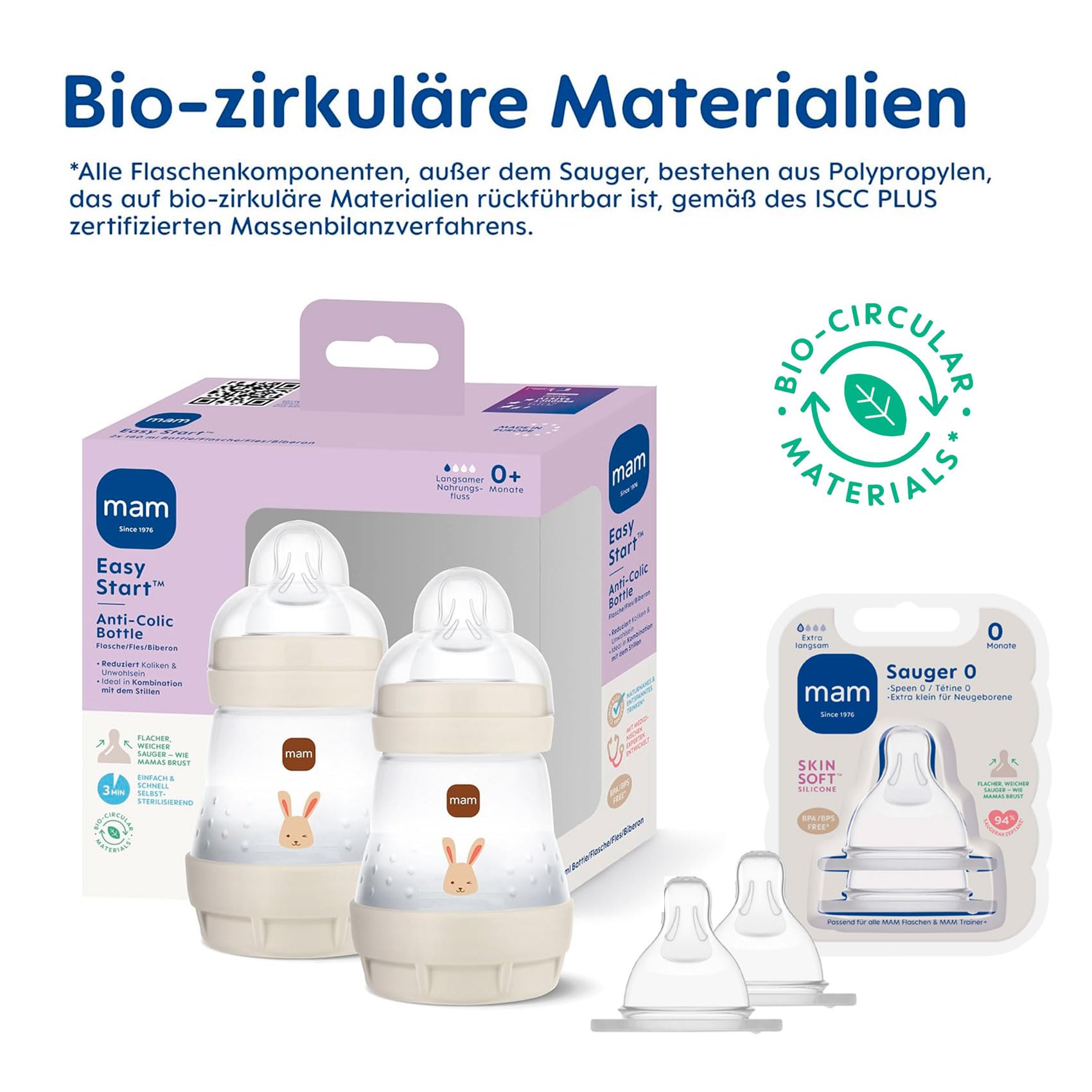 MAM Biberon Anti-Colique, 160ml, 0+ mois, Tétine Débit 1 lot de 2 + 2 Tétine Débit 0 - pour lait de mère & lait pour nourrissons 1 âge