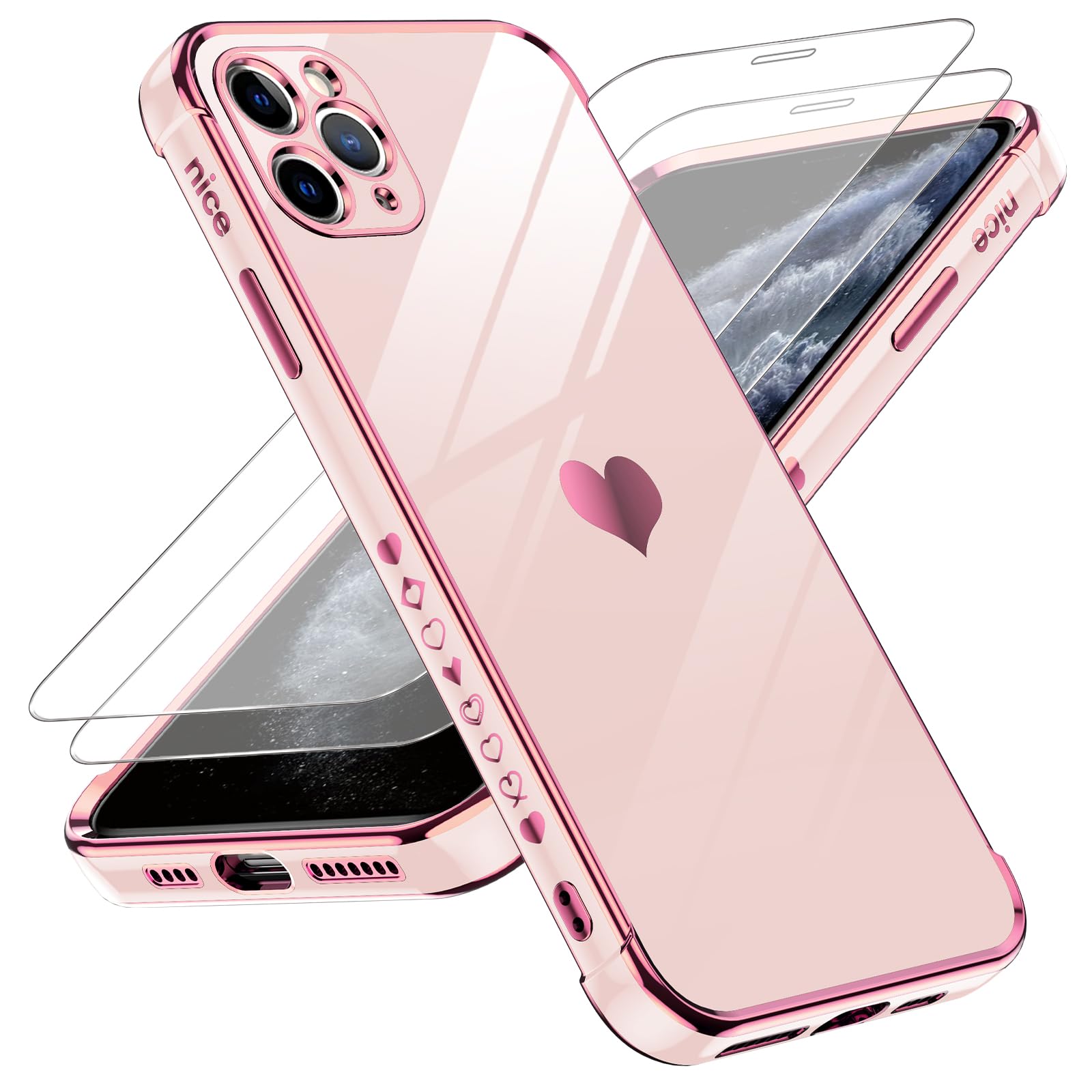 LeYi for iPhone-11-Pro Max Case: with Tempered Glass Screen Protector [2 Pcs]+ Full Camera Lens Protection,Love Heart Plating Girly Women Luxury Soft