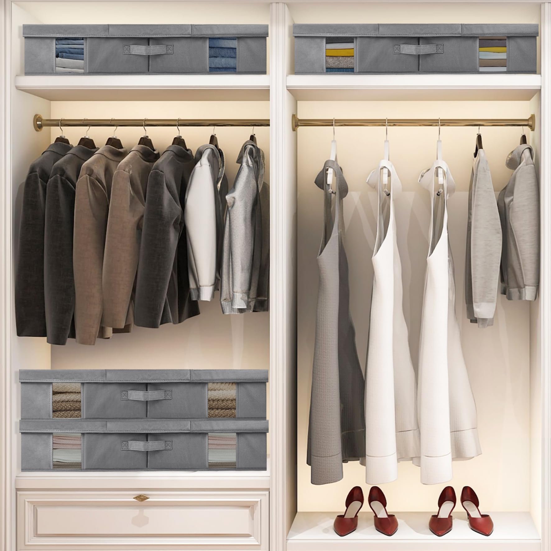 Scatola portaoggetti sotto il letto con coperchio, pieghevole, con finestra visiva, manici rinforzati, per coperte, piumini, cuscini, biancheria da letto (grigio, 2 pezzi)