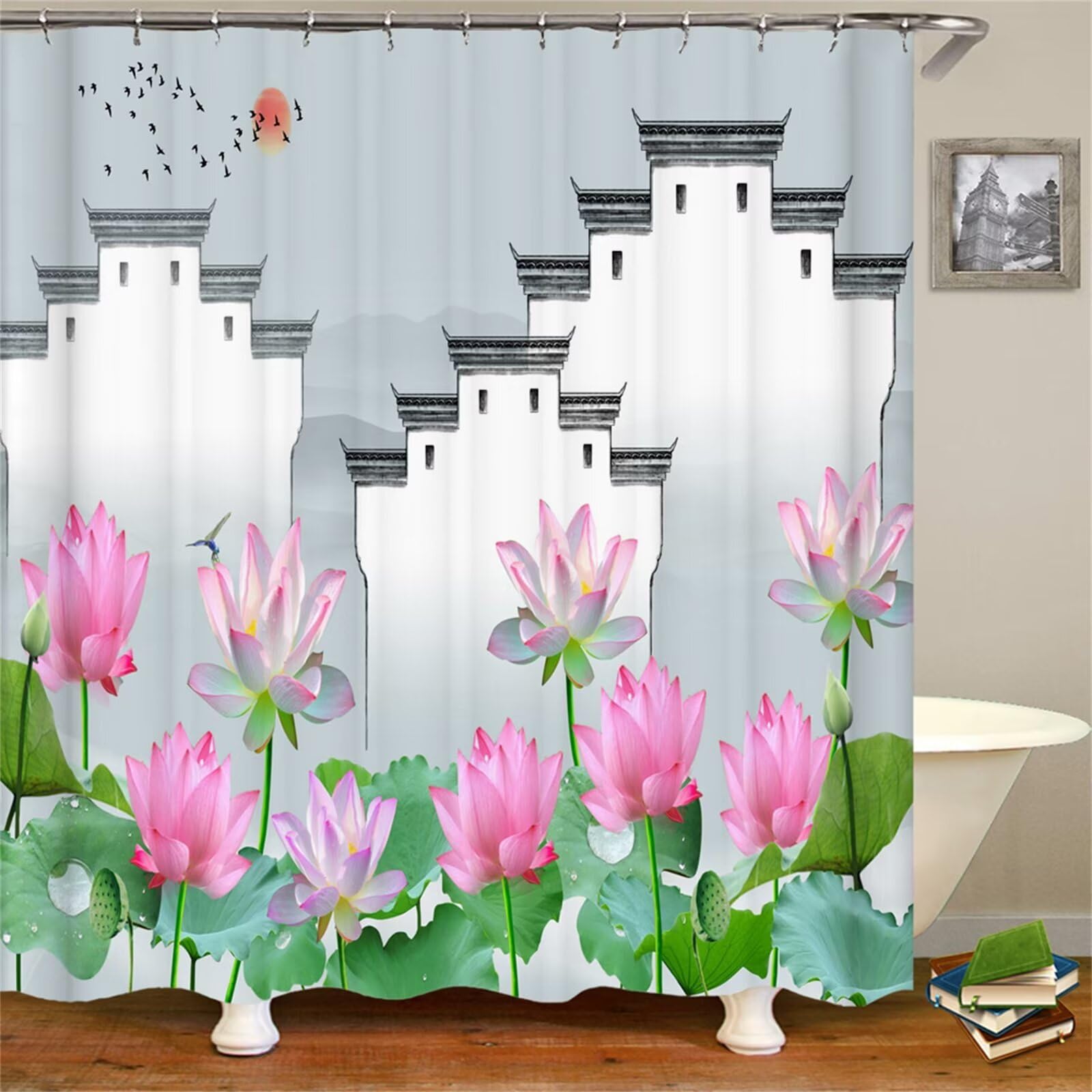 Loto Rosa Cortina de Ducha Antimoho,Cortina de Baño 300x140cm,Textil de Poliéster Cortina de Ducha Impermeable,Lavable,Antibacteriana,con 12 Ganchos,3D Shower Curtian para Baño Decor