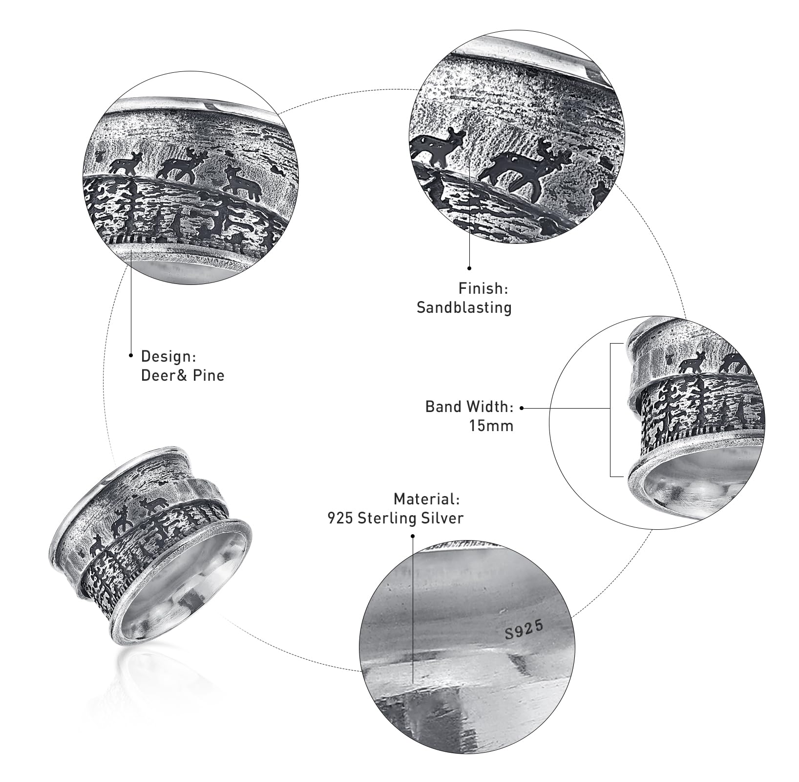 BONLAVIE Spinner Ring Damen, Lebensbaum/Drei Bären und Kiefern/Drei Hirsch und Kiefern Ring Silber 925, Breiter Band Ring, Anxiety Ring, Silberring 925 Damen, Vintage Ring Damen, Ringe Frauen